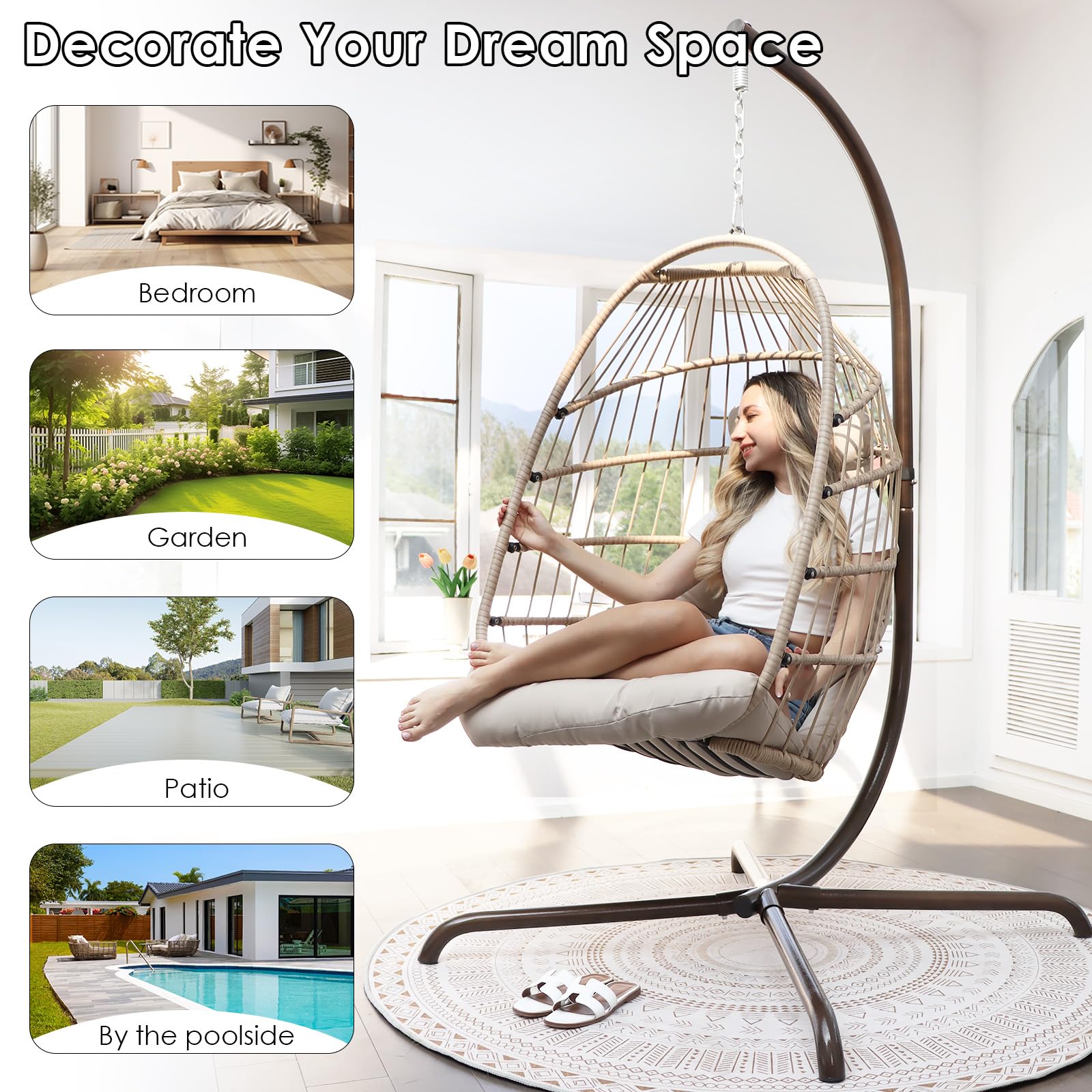 **Hanging Egg Chair with Stand - Outdoor Swinging Chair with Water-Resistant Cushions - Foldable Wicker Basket Chair for Patio, Garden, or Indoor Use - 350 lbs Weight Capacity (Beige, Includes Cover) - Perfect for Relaxing, Lounging, and Enhancing Your Outdoor or Indoor Space**