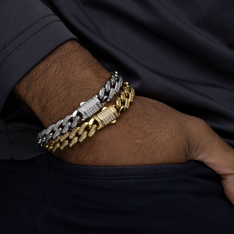 12mm Stainless Steel Miami Cuban Link Bracelet - CNC Precision Set with Genuine Cubic Zirconia Stones - Secure Double Tab Box Clasp - Perfect for Men's Jewelry, Gift Giving, and Special Occasions