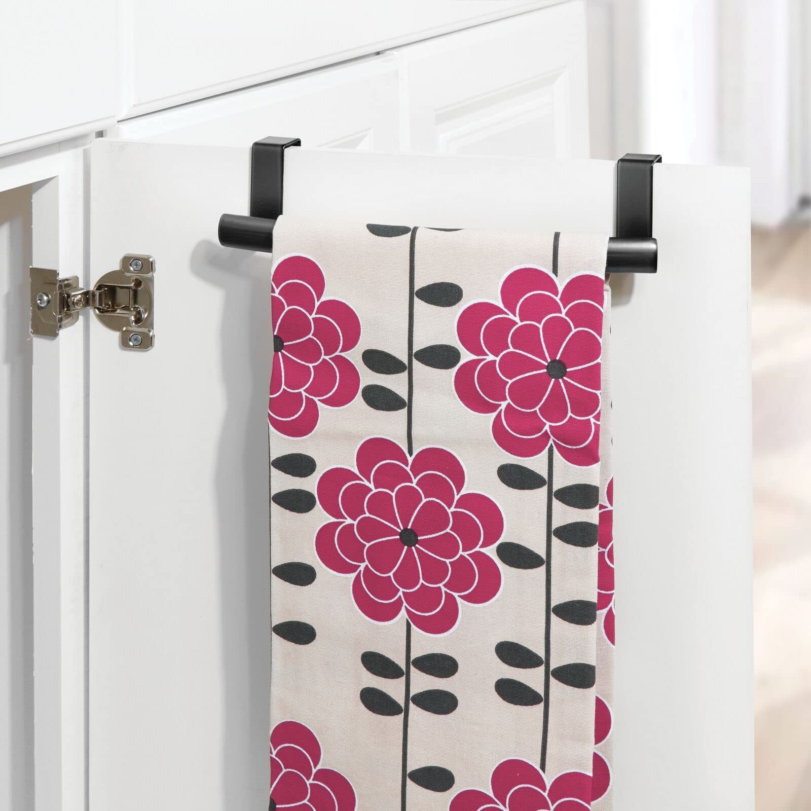 mDesign Steel Over Door Curved Towel Bar Storage - 2 Pack Black Spira Collection - Space-Saving Hanger for Cabinet, Cupboard, Kitchen & Bathroom - Holds Hand Towels, Dish Towels & Washcloths - Perfect for Small Spaces, Apartments & Dorm Rooms