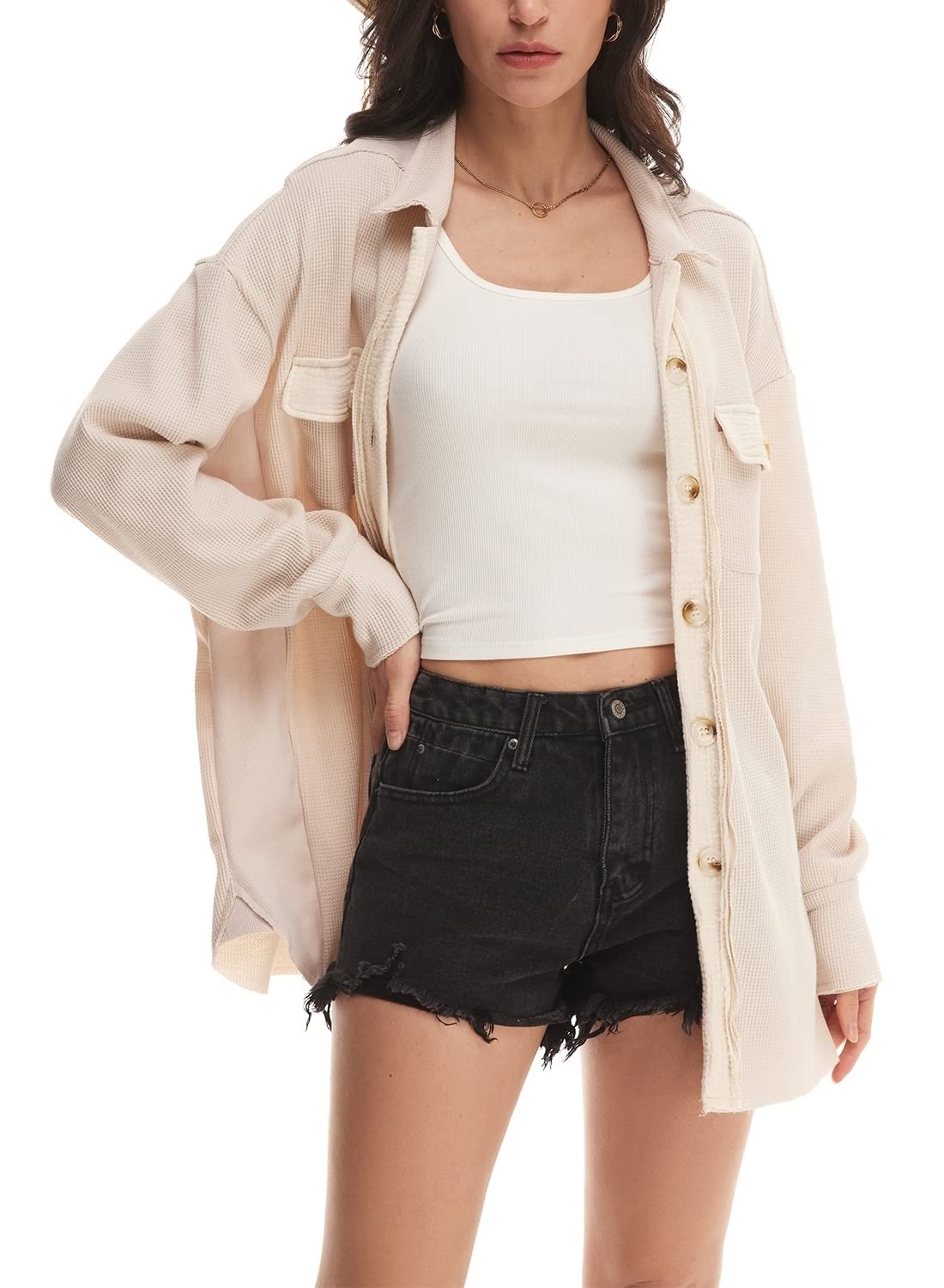 Nirovien Women's Waffle Knit Shacket - Oversized Button Down Shirt Jacket for Spring | Lightweight Long Sleeve Open Front Cardigan | Casual Loungewear, Workwear & Street Style Outfits