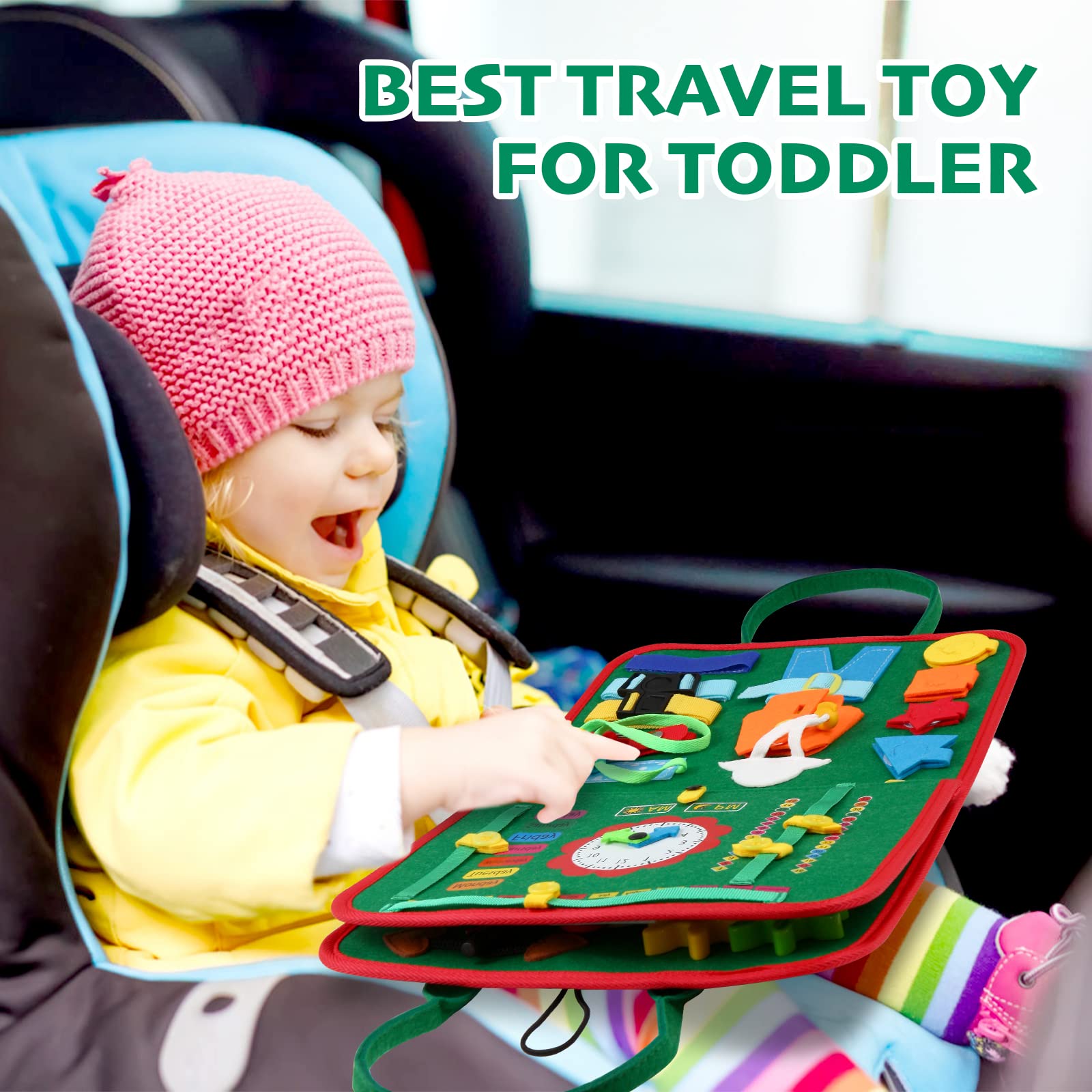 Montessori Busy Board for Toddlers 1-3 - Sensory Travel Toy & Learning Activity Gift for Boys/Girls - Perfect for Airplane & Car Rides