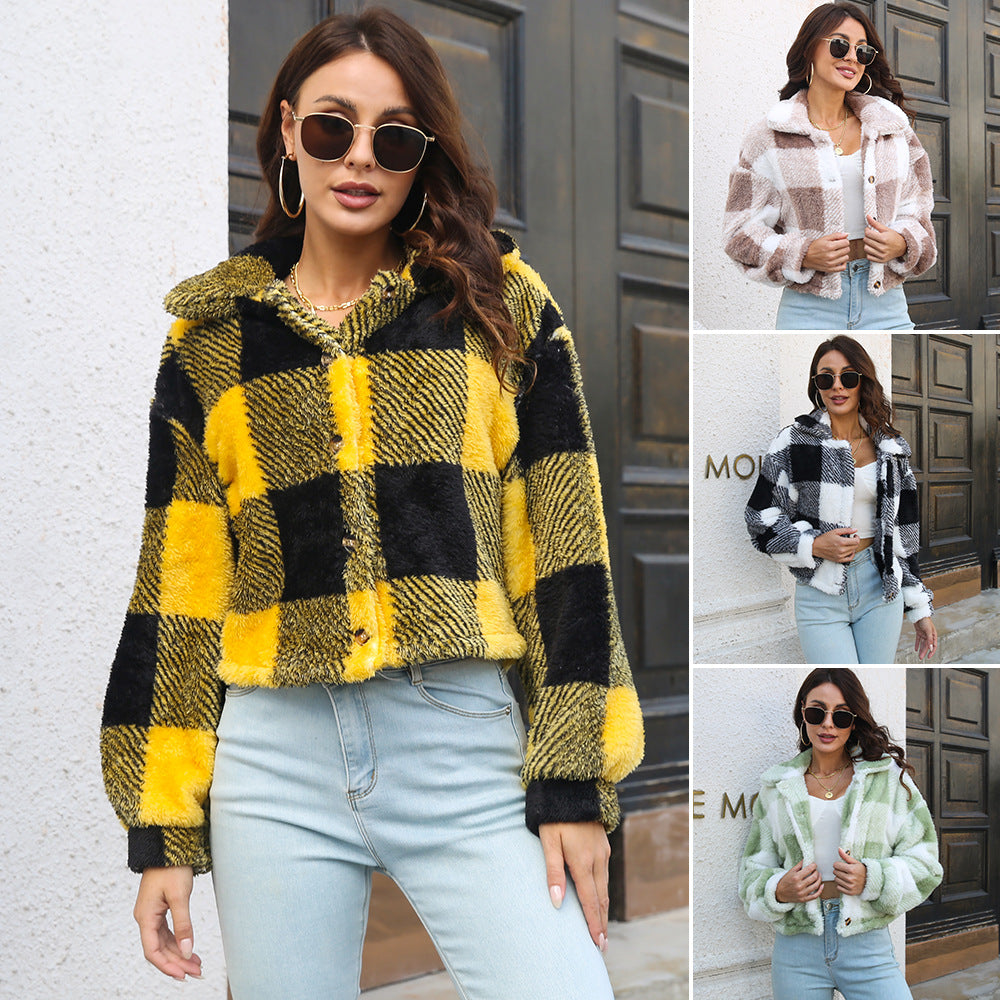 Women's Plaid Double-Sided Velvet Jacket with Lantern Sleeves - Soft Loose Short Coat for Autumn & Winter - Cozy Plush Outerwear for Casual Wear, Office & Date Nights