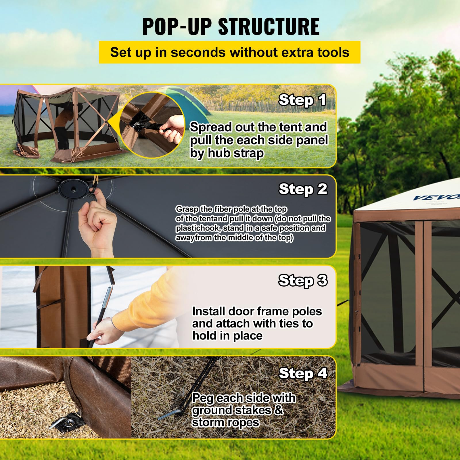 VEVOR 12x12ft 6-Sided Pop Up Canopy Tent with Mesh Windows & Carry Bag - Portable Outdoor Shade Shelter for Camping, Beach, Backyard, Picnics, Parties (Brown/Beige) - Includes Stakes & Windproof Design