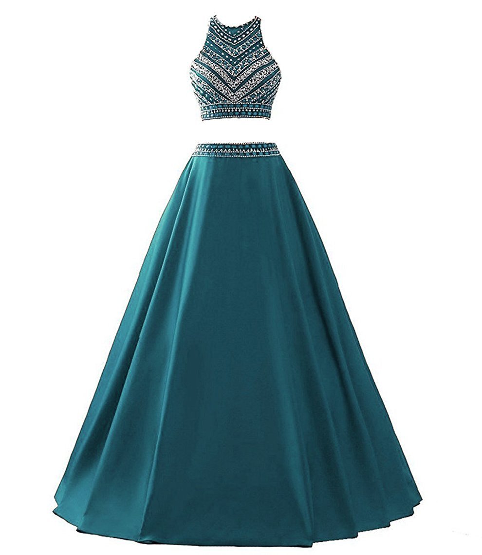 Elegant Women's Two-Piece Prom Dress with Beaded Satin & Sequined Long Evening Gown for Formal Parties, Homecoming, and Special Occasions - FD035