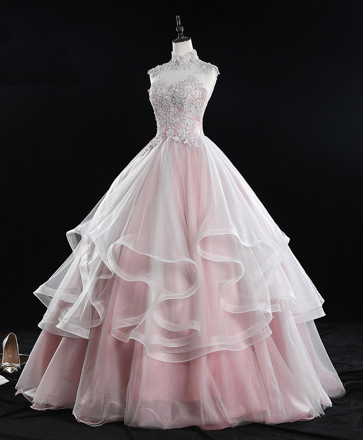 Elegant Pink High Neck Tulle Lace Sweet 16 Dress | Long Prom Gown for Teen Girls | Perfect for Quinceañera, Homecoming, and Formal Events