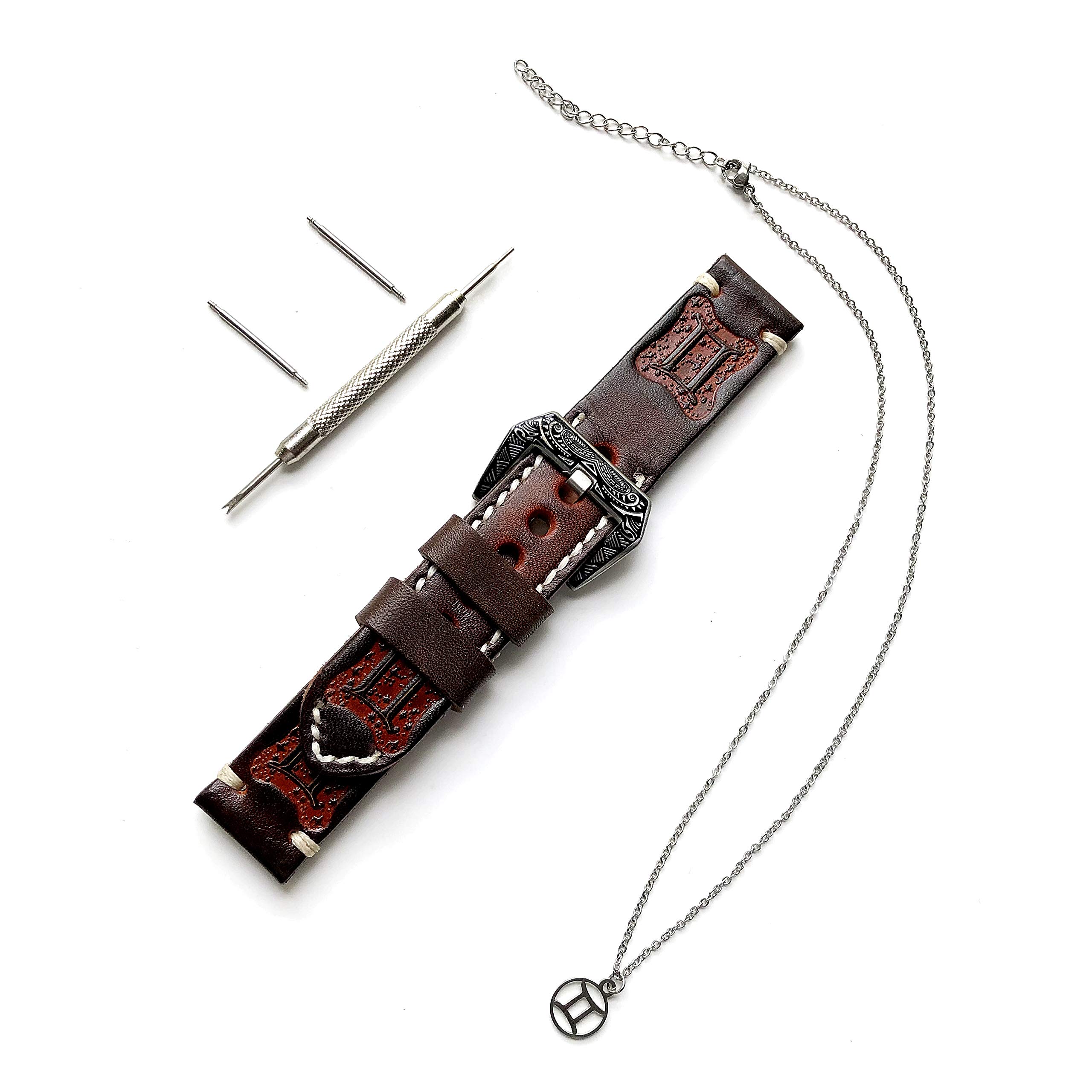 Gemini Zodiac Genuine Leather Watch Band & Necklace Set - 22mm Brown Tooled Embossed Crafted Strap with 25