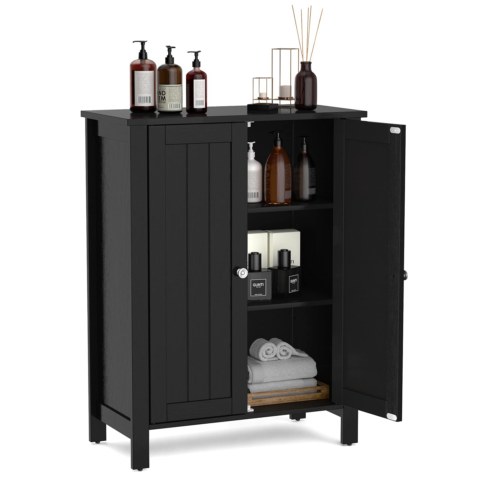 GOFLAME 3-Tier Adjustable Freestanding Bathroom Cabinet - Wooden Storage Organizer with Double Doors for Bathroom, Living Room & Kitchen (Black) | Perfect for Organizing Towels, Toiletries & Household Items