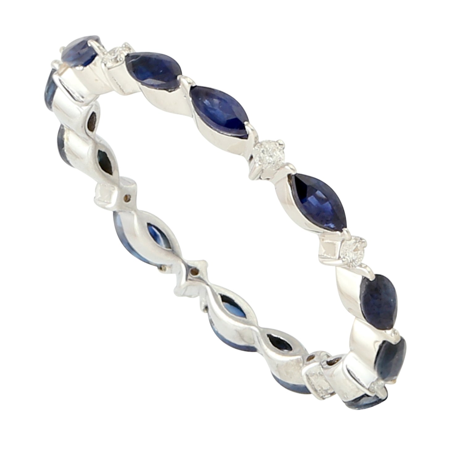 Exquisite Marquise Cut Blue Sapphire & Diamond Stackable Band Ring in 14K White Gold - Perfect for Weddings, Anniversaries & Everyday Elegance