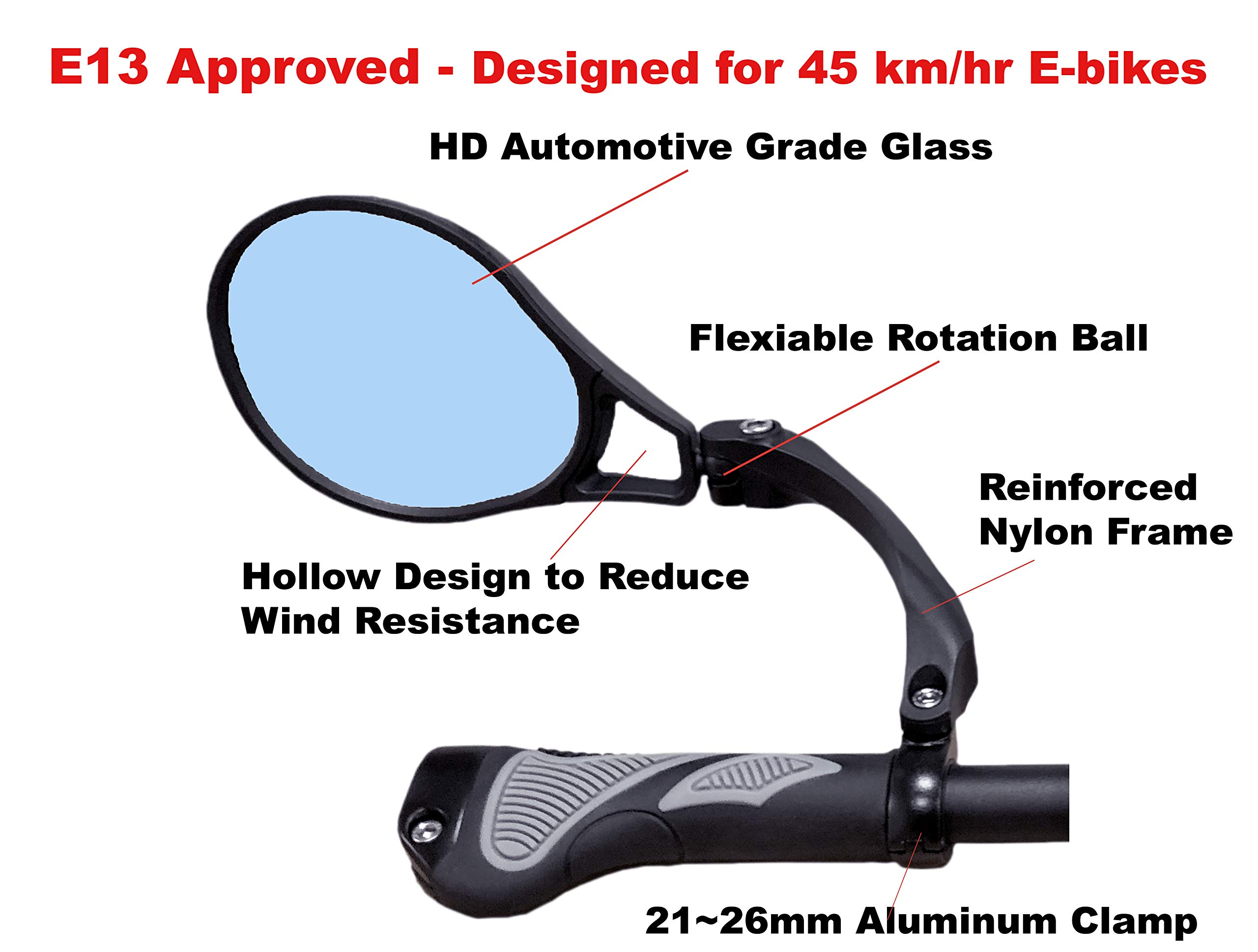 Hafny E13 Approved E-Bike Mirror - Large Surface Handlebar Bike Mirror with HD Automotive Grade Glass - Safe Blast-Resistant Cycling Mirror for Road Bikes, Mountain Bikes & Commuting