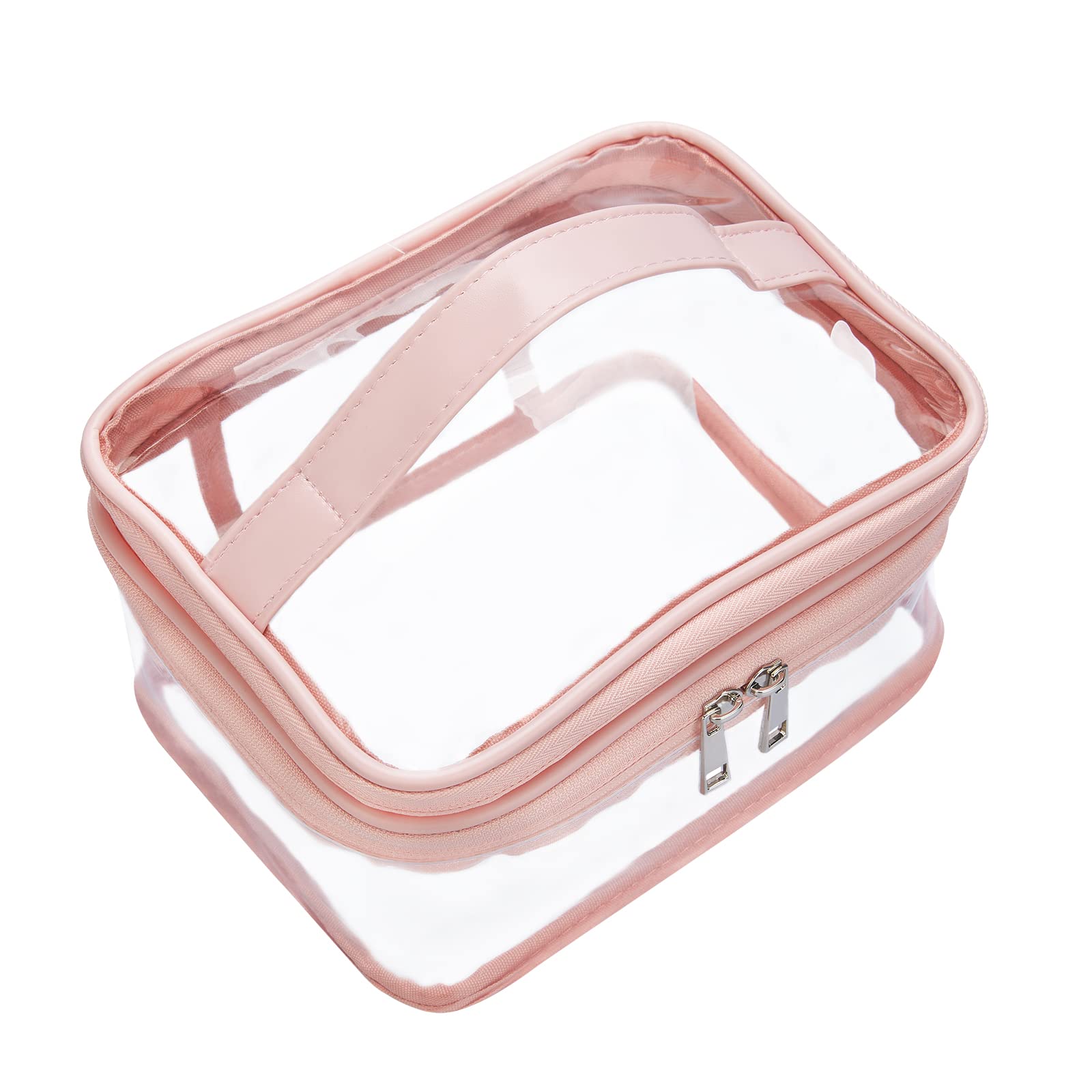 Double Layer Clear Cosmetic Bag - Waterproof Travel Makeup Organizer for Toiletries, Hair & Nail Accessories - Transparent PVC Beach Bag (Pink) | Perfect for Travel, Gym, Beach & Daily Organization