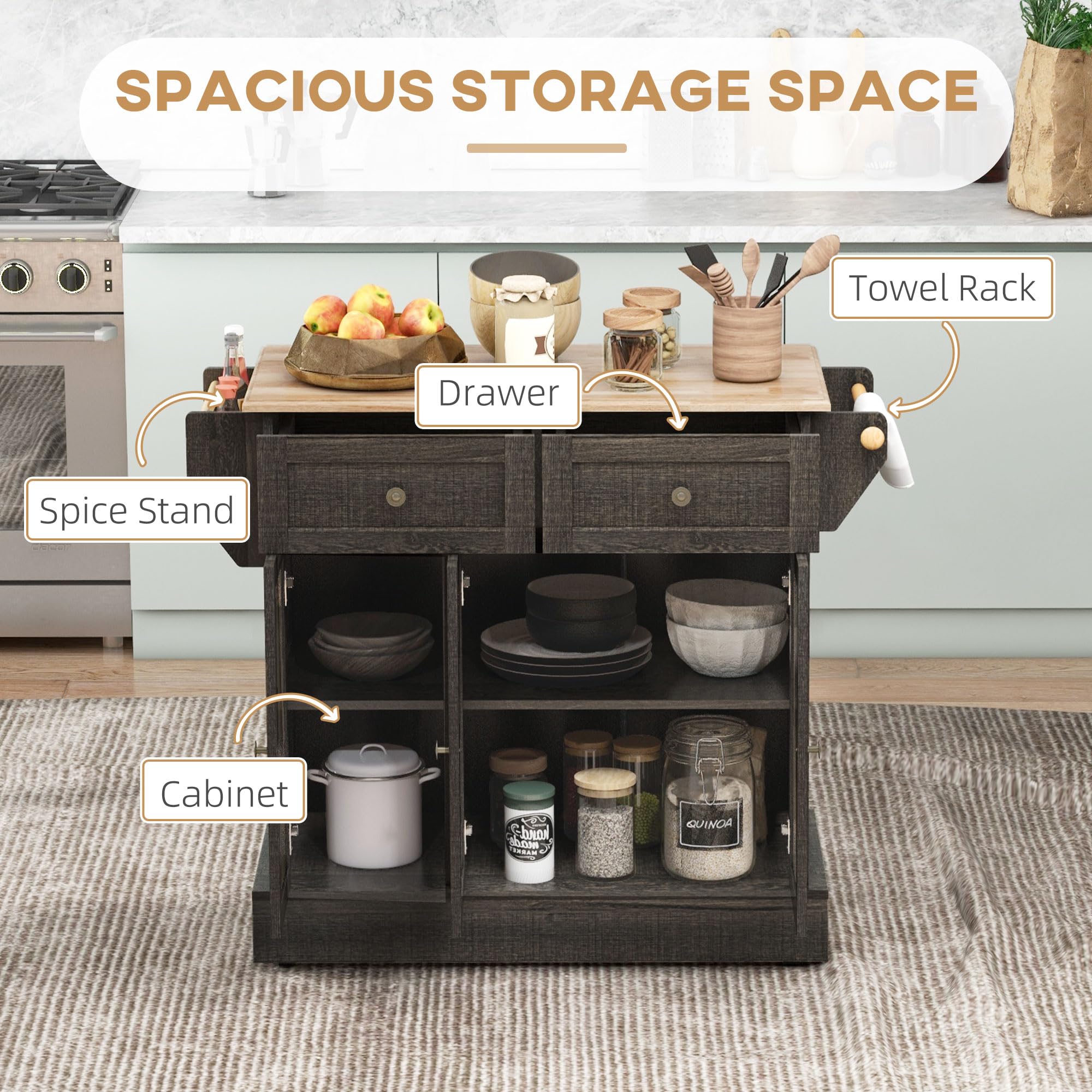 HOMCOM Triple-Cabinet Kitchen Island with Wheels - Rolling Storage Cabinet with Drawers, Wood Countertop, Towel Rack & Spice Stand - Distressed Brown Finish for Modern Farmhouse Kitchen, Dining Room or Small Space Organization