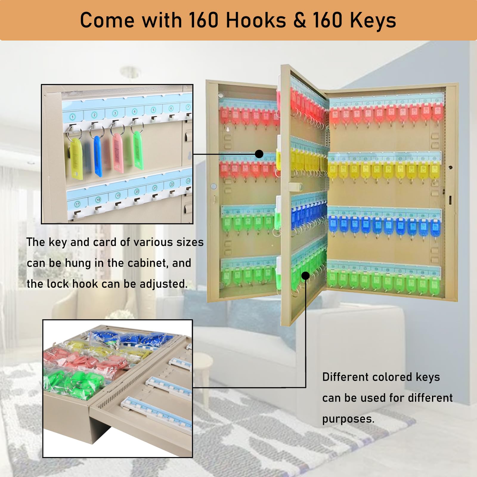 INTSUPERMAI 160 Keys Storage Box - Wall Mount Key Cabinet with Combination Lock, Key Holder Box & Storage Hooks for Home, Office, Hotel, and Apartment Organization