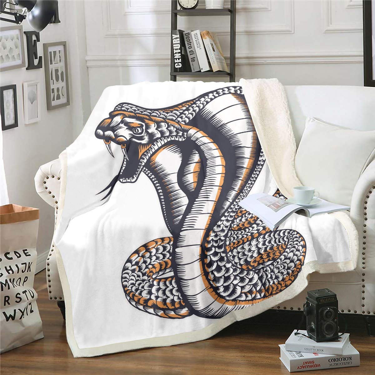 Ferocious King Cobra Printed Plush Sherpa Blanket - 50x60 Inch Soft Fuzzy Fleece Throw for Kids, Boys & Teens - Wildlife Animal Design for Sofa, Bed & Couch - Perfect for Movie Nights, Camping & Winter Warmth