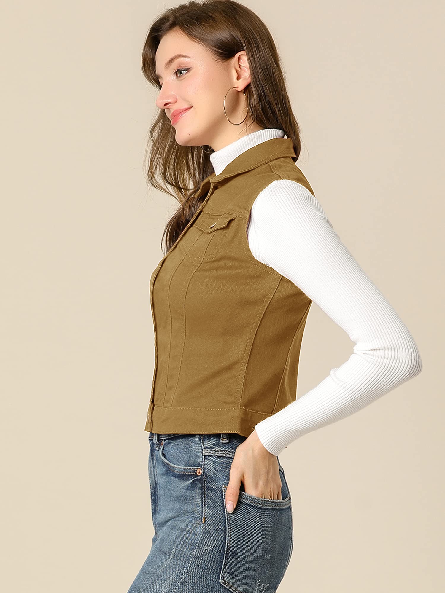 Allegra K Women's Washed Denim Vest Jacket with Button Front & Chest Flap Pockets | Casual Layering Piece for Spring & Fall Outfits