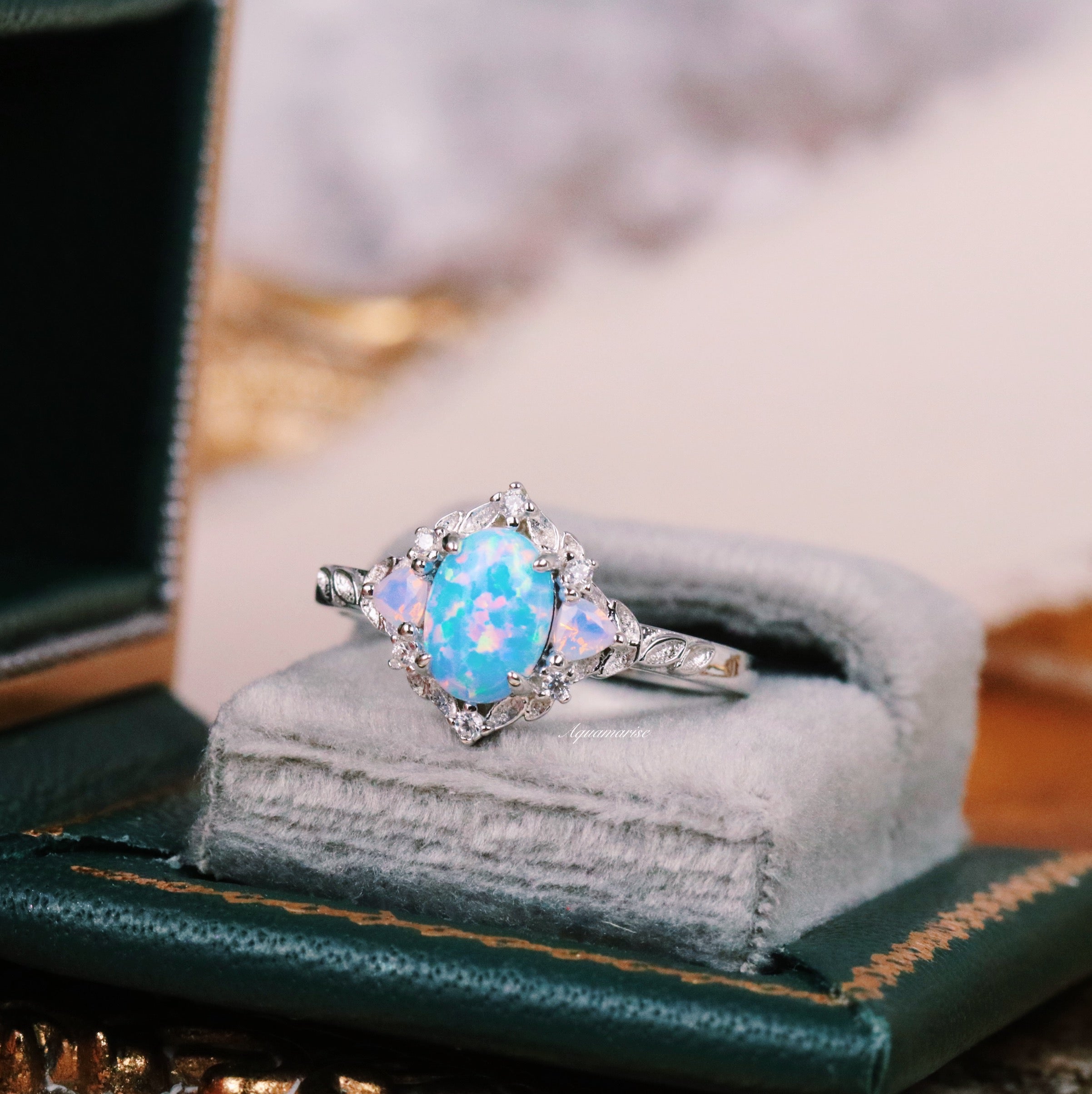 Blue Fire Opal & Opalescent Sapphire Leaf Fairy Ring - 925 Sterling Silver Jewelry for Women - Perfect for Weddings, Parties & Special Occasions