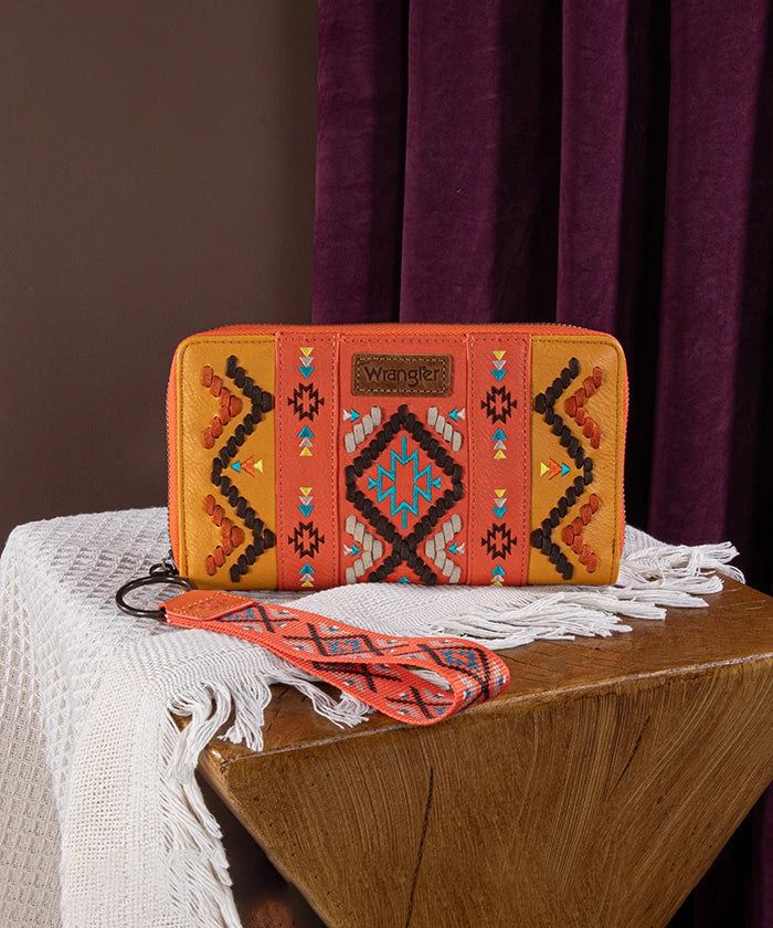 Wrangler Aztec Embroidered Whipstitch Wristlet - Stylish Leather Bracelet for Women - Perfect for Western Fashion, Boho Outfits & Festival Wear