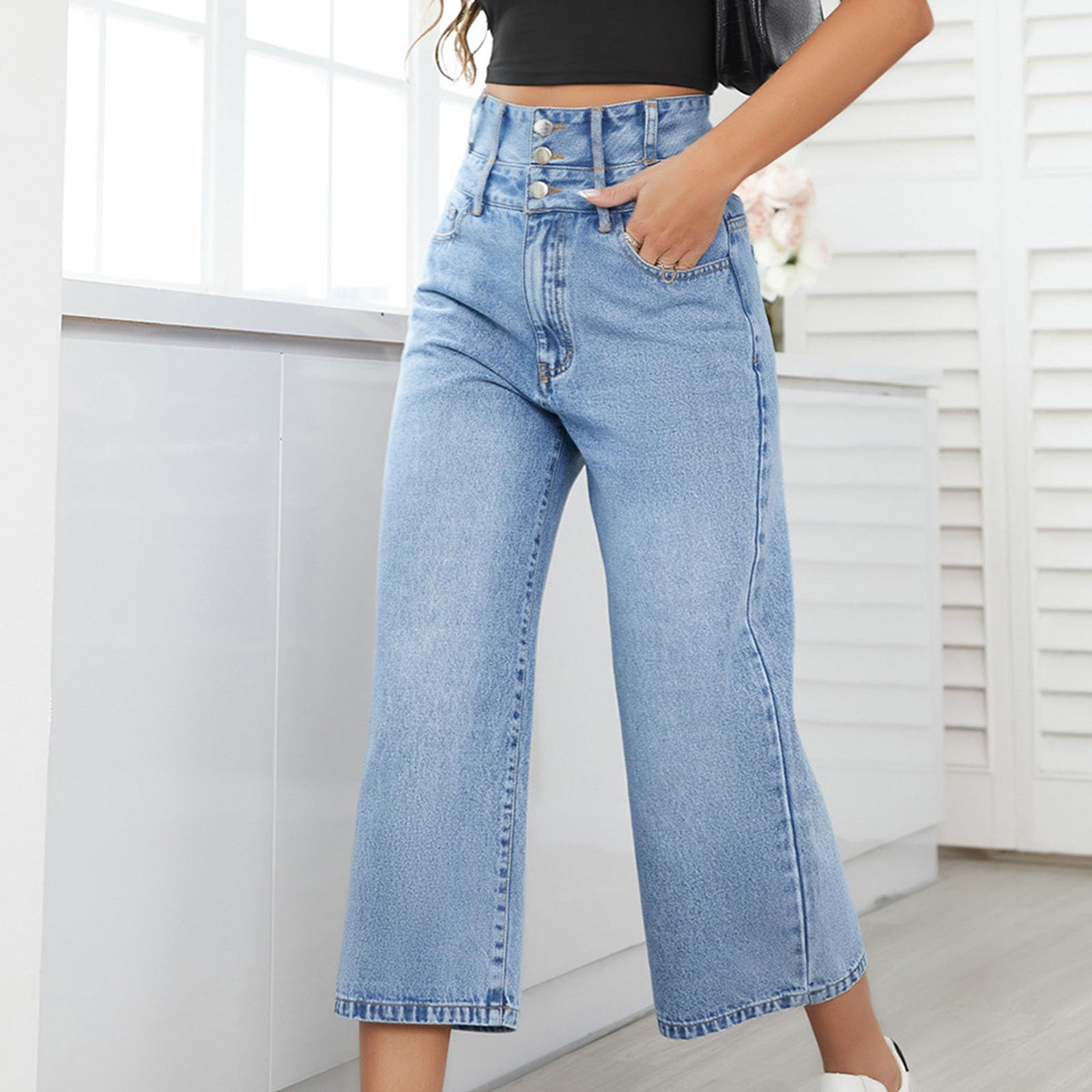 Women's High Waisted Stretch Capri Jeans - Baggy Denim Pants with Straight Wide Leg & Flared Cropped Design | Casual Comfort for Summer, Beach & Everyday Wear