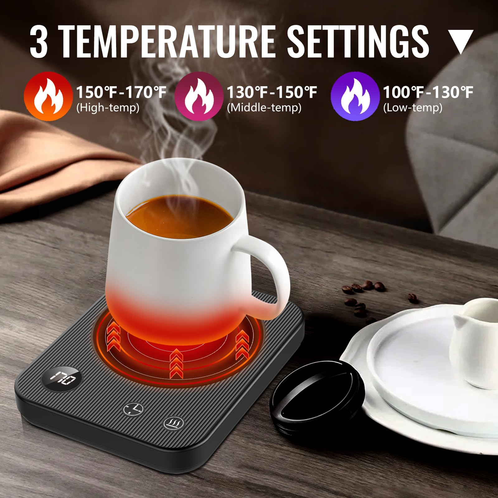 3-Temperature Coffee Mug Warmer with Auto Shut-Off - Anti-Scalding Silicone Desk Warmer for Tea, Hot Chocolate & Beverages - Portable Electric Cup Warmer for Office, Home & Travel Use