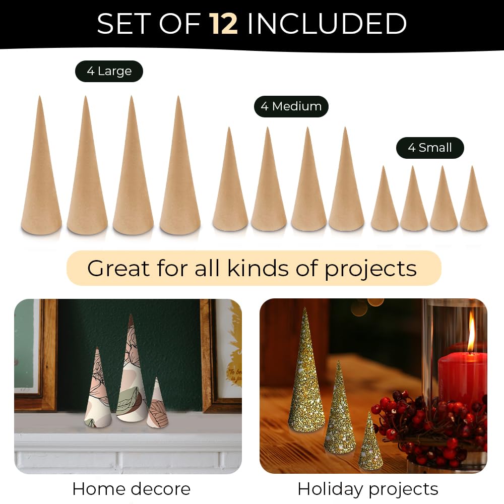 12 Pack Paper Mache Craft Cones - Open Bottom Cardboard Cones for DIY Gnomes, Ornaments, Christmas Trees - Fall, Halloween & Holiday Decorations - 3 Sizes (13.75x5, 10.63x4, 7x3 inches) - Perfect for Home Decor, Party Crafts & Seasonal DIY Projects