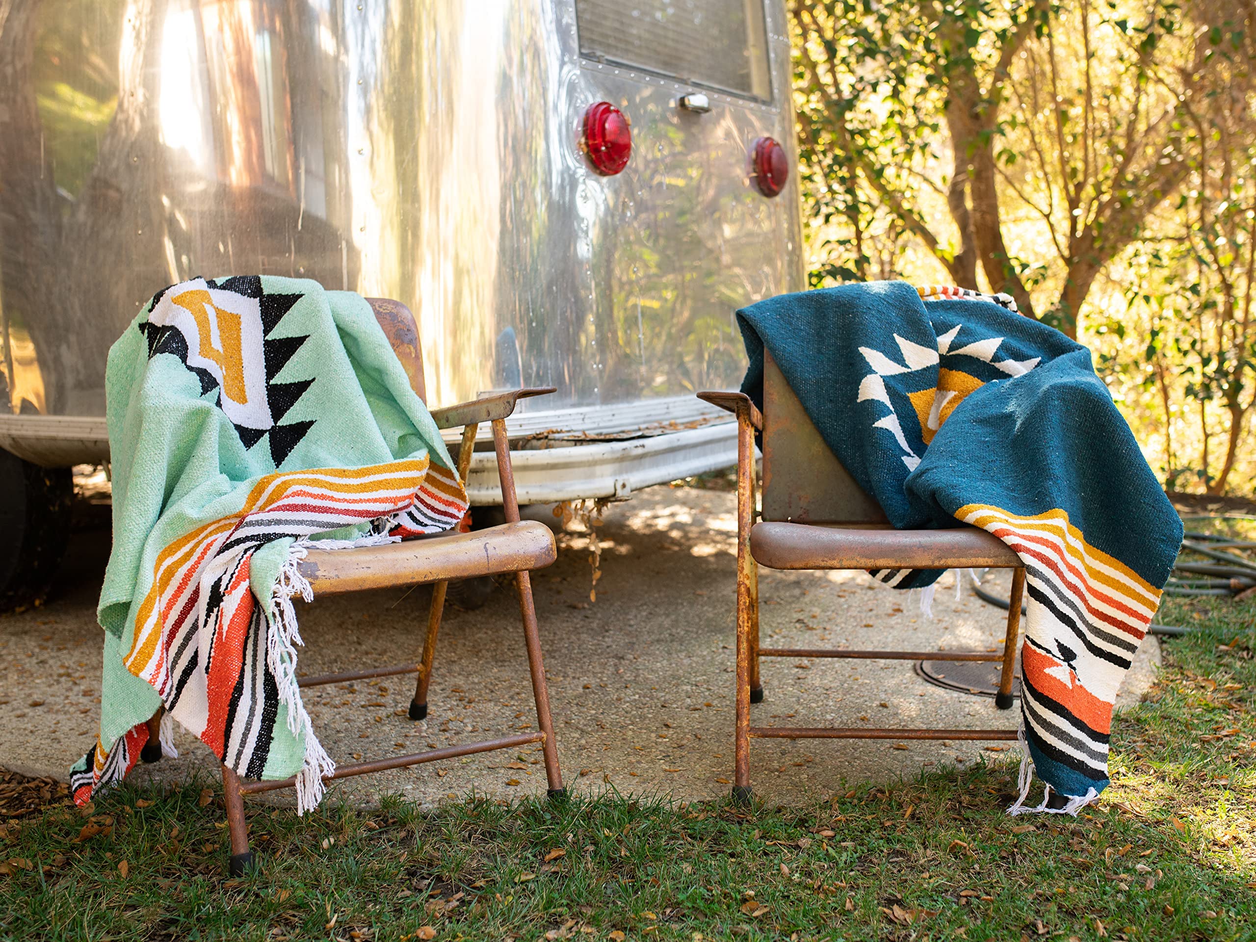 Blue and Tan Mexican Blanket by Laguna Beach Textile Co | Handwoven Serape Throw for Beach, Yoga, Camping & Home Decor | Traditional Baja Blanket in Navy | Perfect for Picnics, Sofa Accents & Outdoor Adventures
