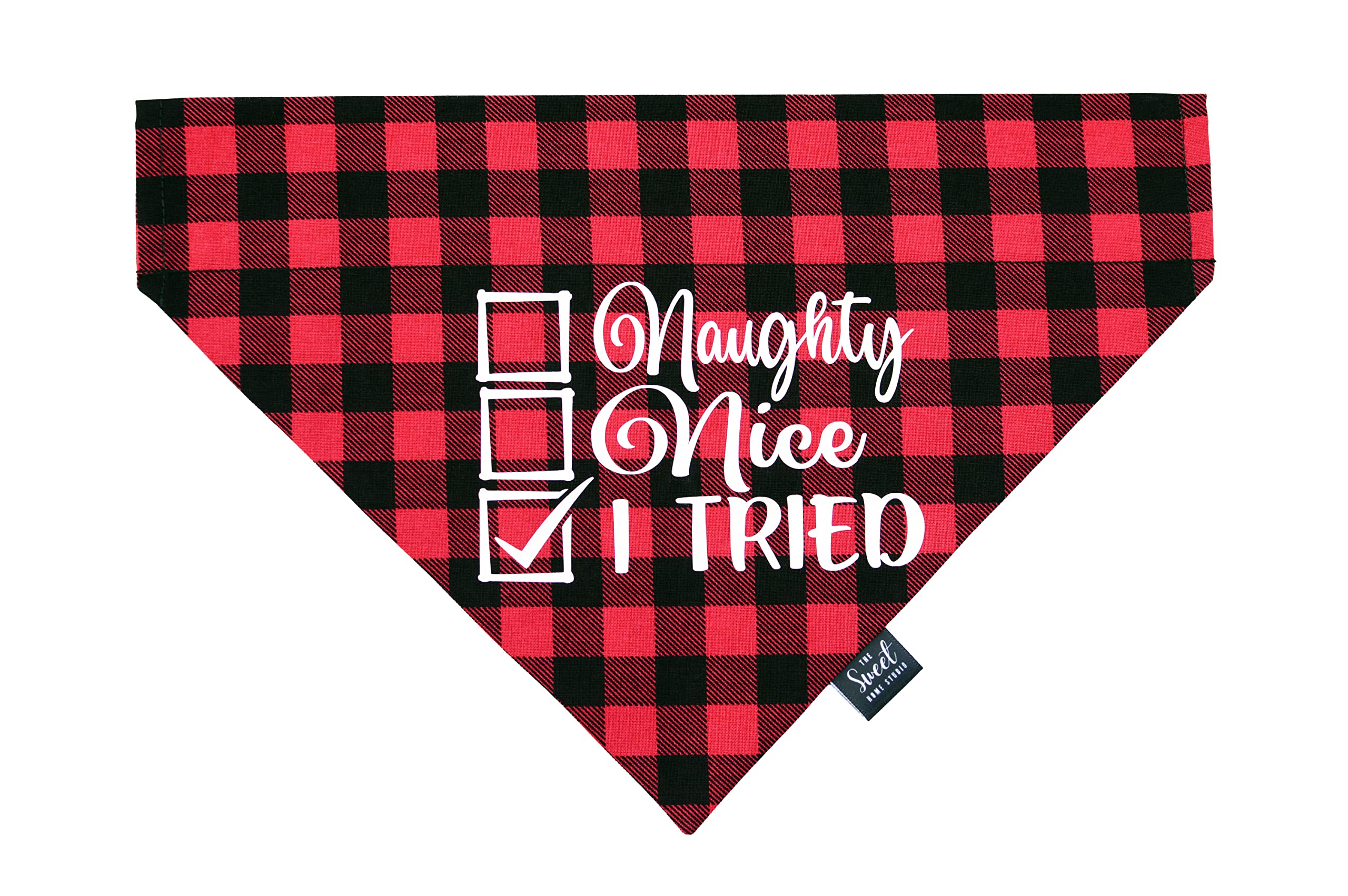 Festive Christmas Dog Bandana - Winter Slip-On Pet Scarf for Dogs & Cats - Holiday Pet Accessory (Naughty, Nice, I Tried) - Perfect for Holiday Photos & Family Gatherings