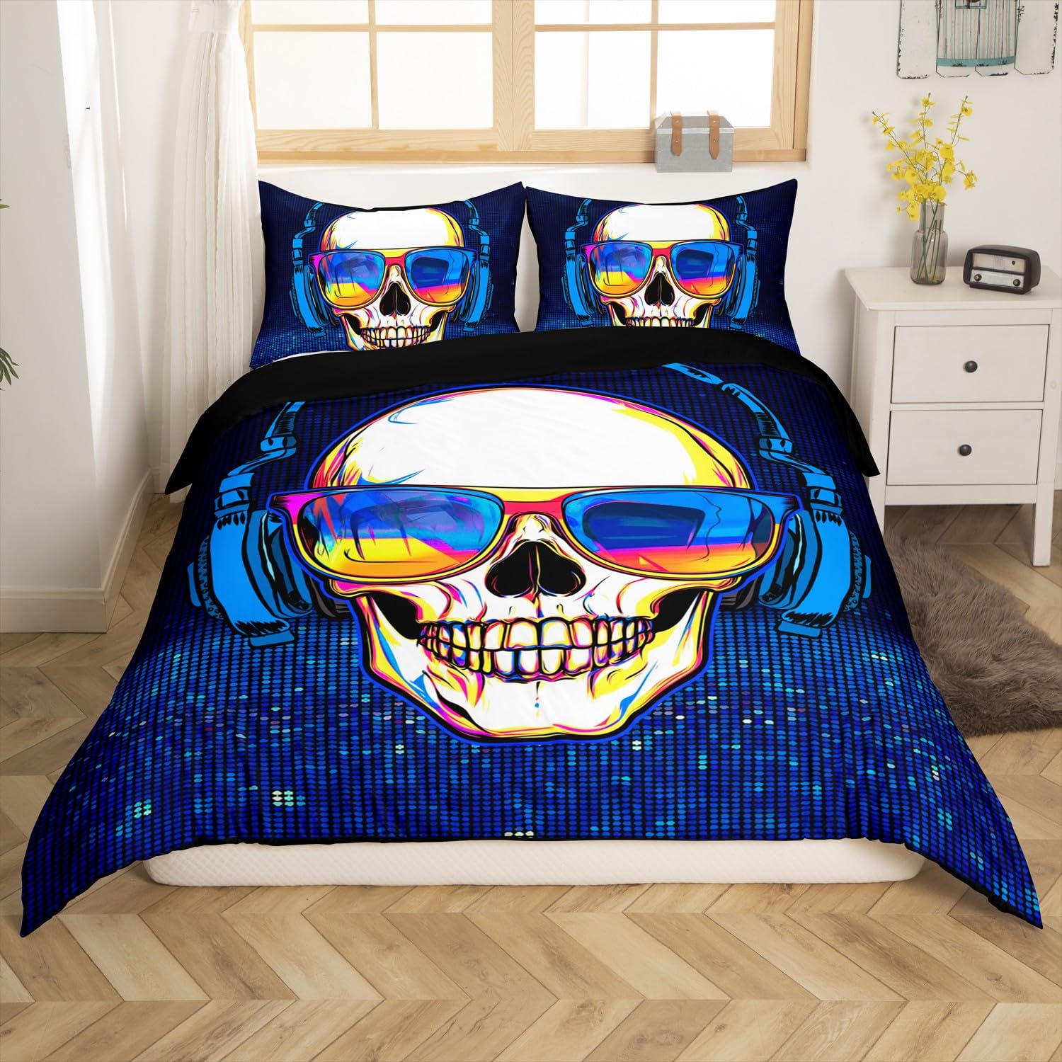 Erosebridal Boys Headset Skull Bedding Set - Full Size Music Skull Comforter Cover, Punk Rock Gothic Skull Duvet Cover for Teen & Adult Bedrooms - Perfect for Rock Music Lovers, Gothic Home Decor & Modern Bedroom Style