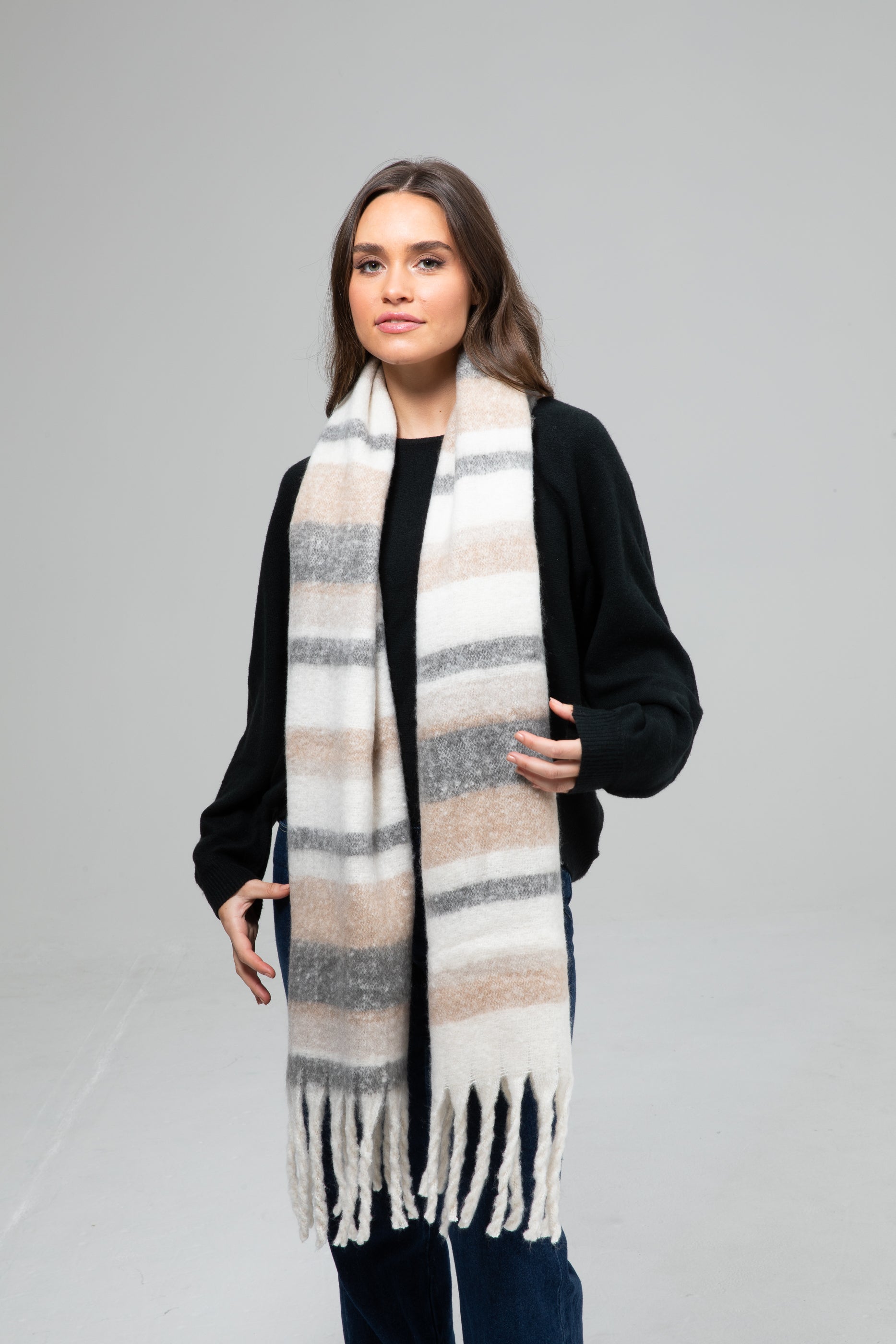 Nina Scarf - Soft Beige Striped Womens Fashion Scarf for Fall & Winter - Perfect for Office, Travel, and Casual Outfits