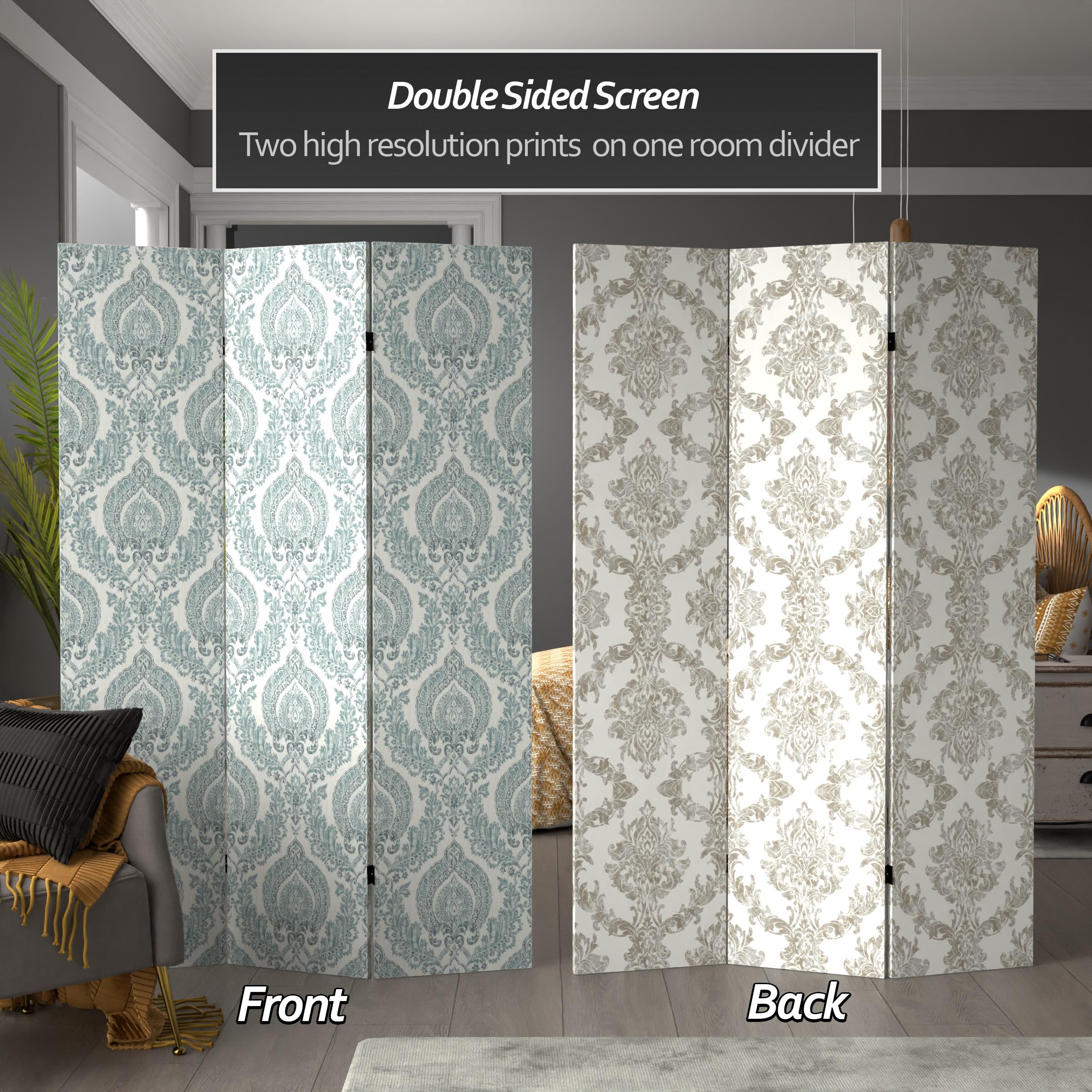 6 ft. Tall Red Lantern Double Sided Ivory Damask Canvas Room Divider - Elegant Folding Screen for Living Room, Bedroom, Office & Wedding Decor