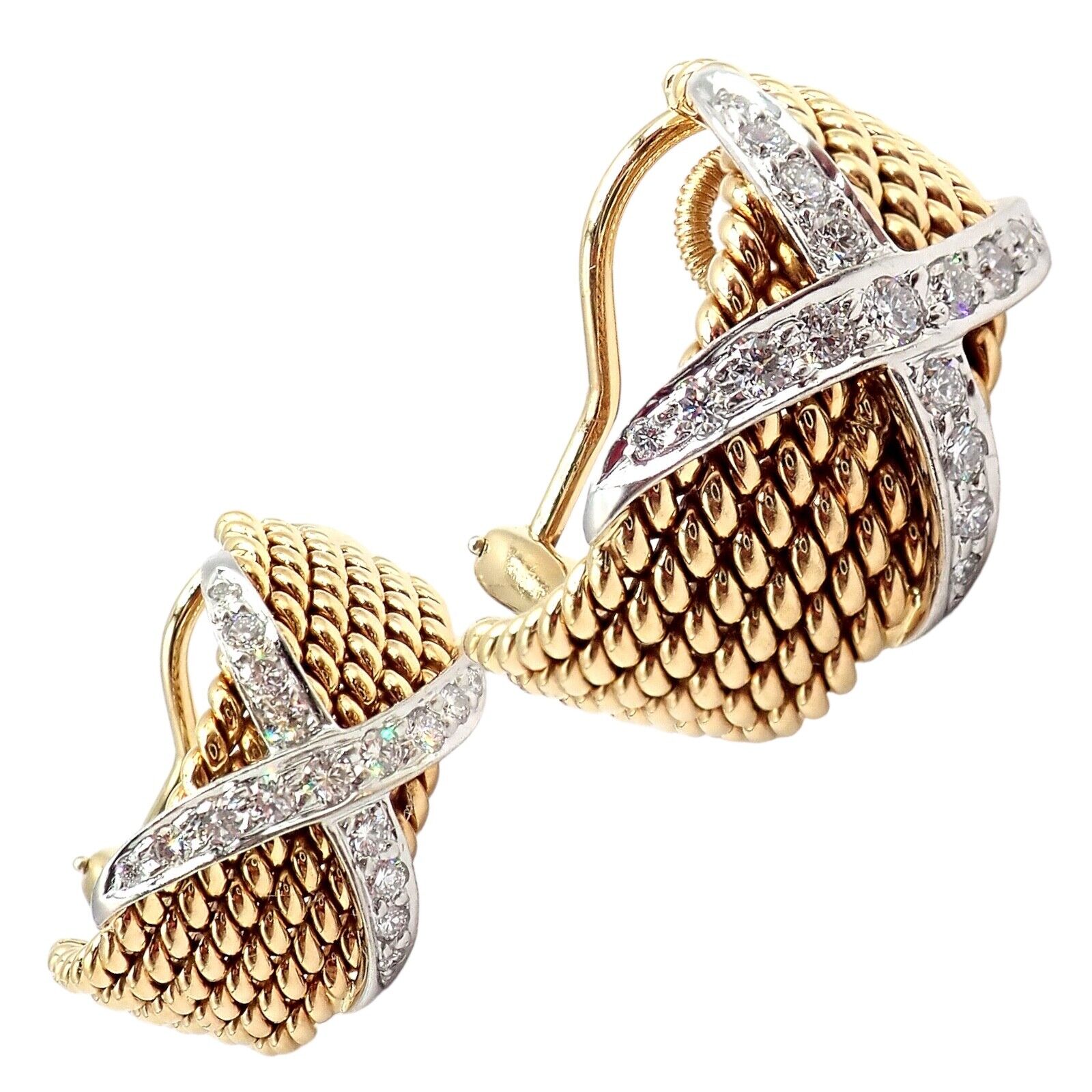 Tiffany & Co Schlumberger 18k Yellow Gold Platinum Diamond 6 Row Rope X Earrings - Luxury Diamond Hoop Earrings for Women, Perfect for Weddings, Parties & Special Occasions