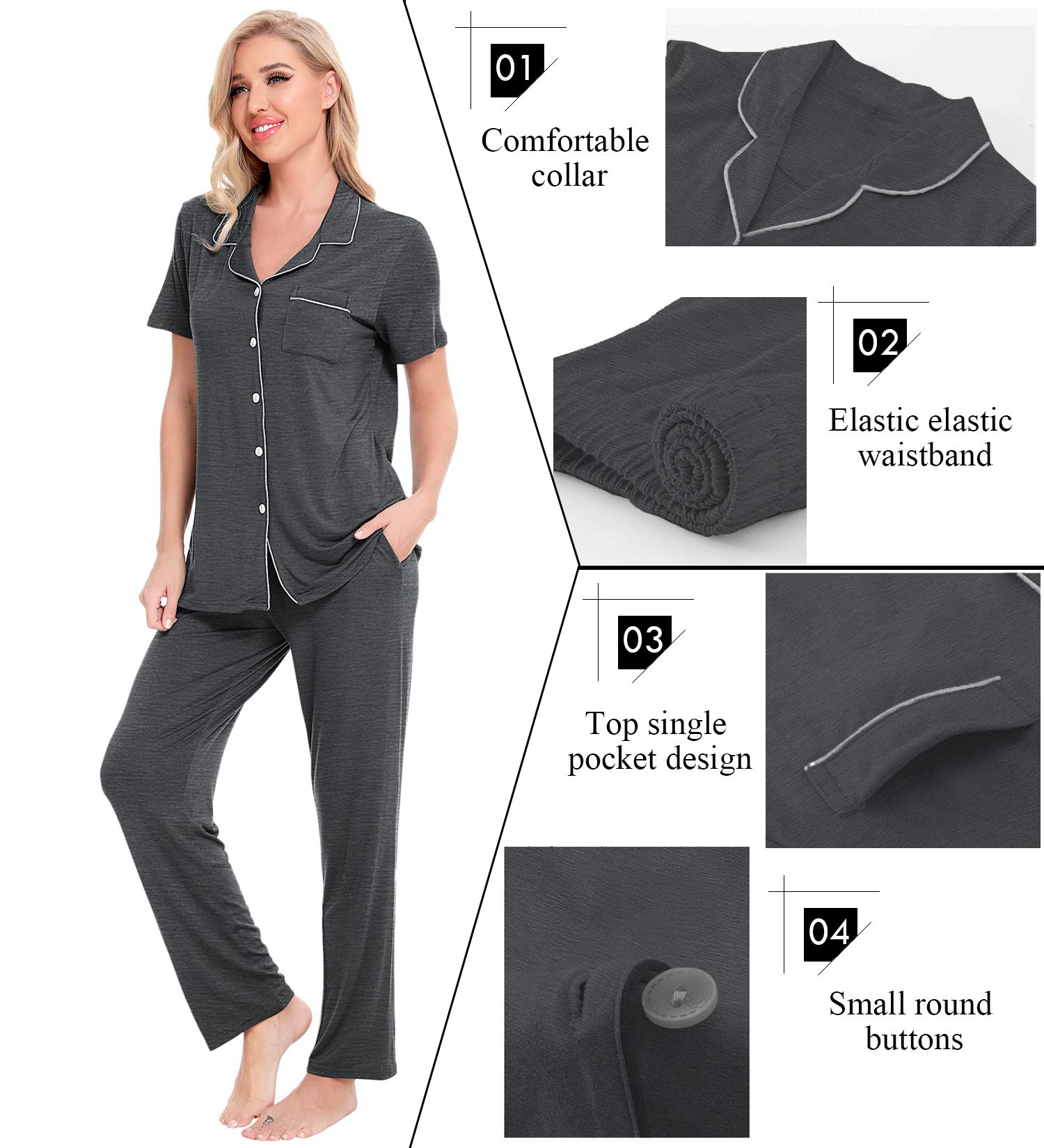 SWOMOG Women's Pajama Sets - Soft 2-Piece Sleepwear with Short Sleeve & Button Down Top + Long Pants for Comfortable Nightwear & Lounge Wear - Perfect for Sleeping, Relaxing at Home, and Cozy Evenings