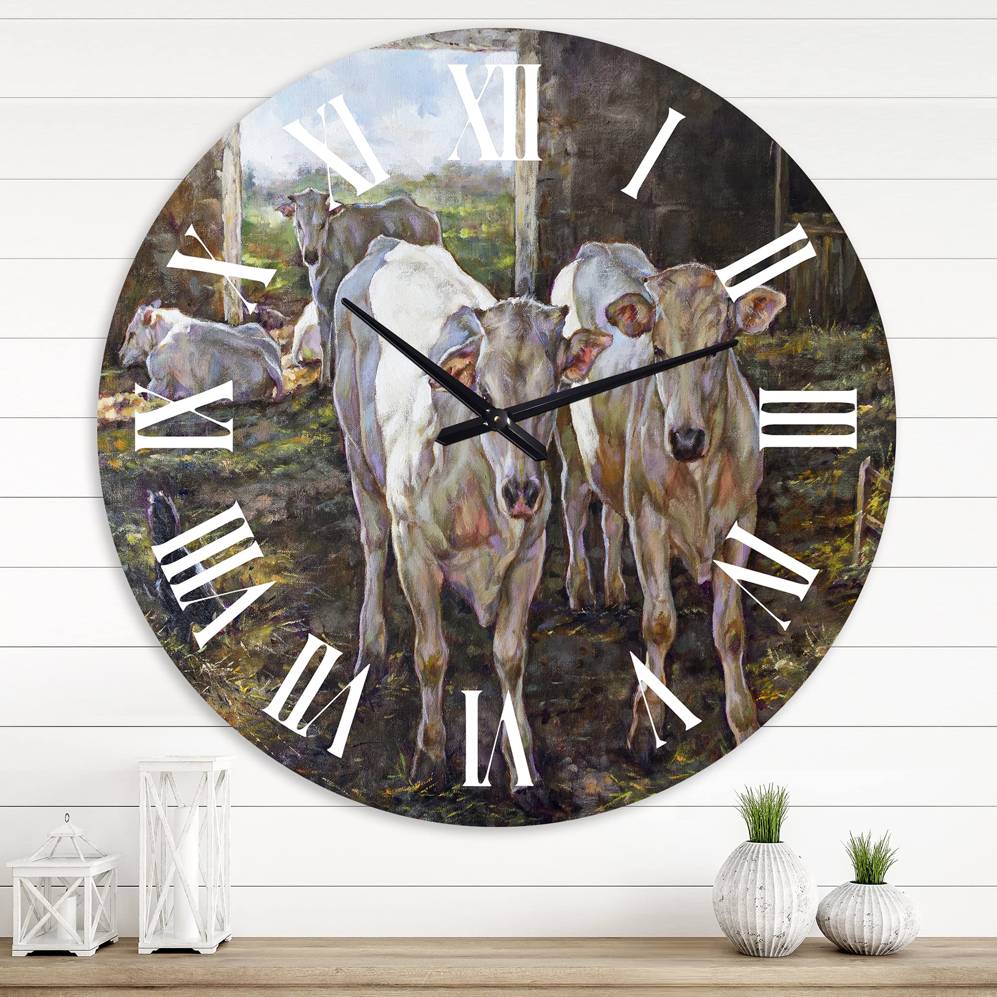 DesignQ Farmhouse Wall Clock - 'Two Cows in The Stable' Large Rustic Animal Wall Clock for Living Room, Kitchen, Bedroom Decor - Perfect for Country Home, Cabin & Farmhouse Style Interiors