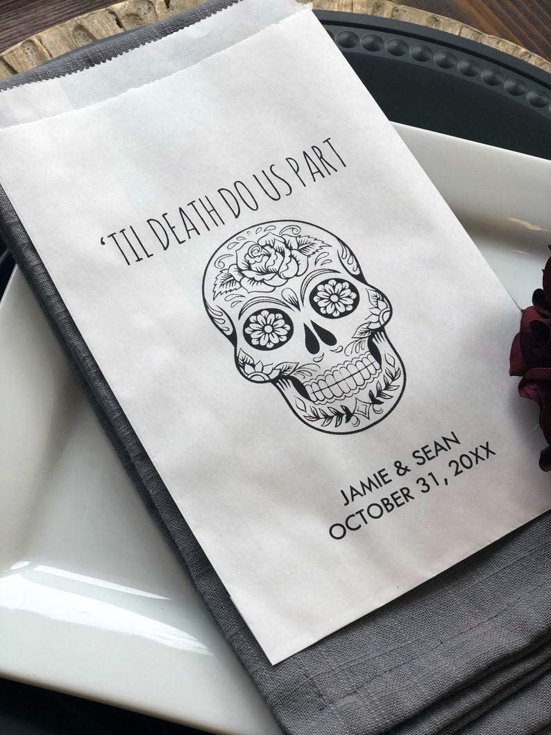Custom Printed Sugar Skull Halloween Wedding Favor Bags - Day of the Dead Treat Bags (Set of 25) - Perfect for Halloween Parties, Themed Weddings & Dia de los Muertos Celebrations
