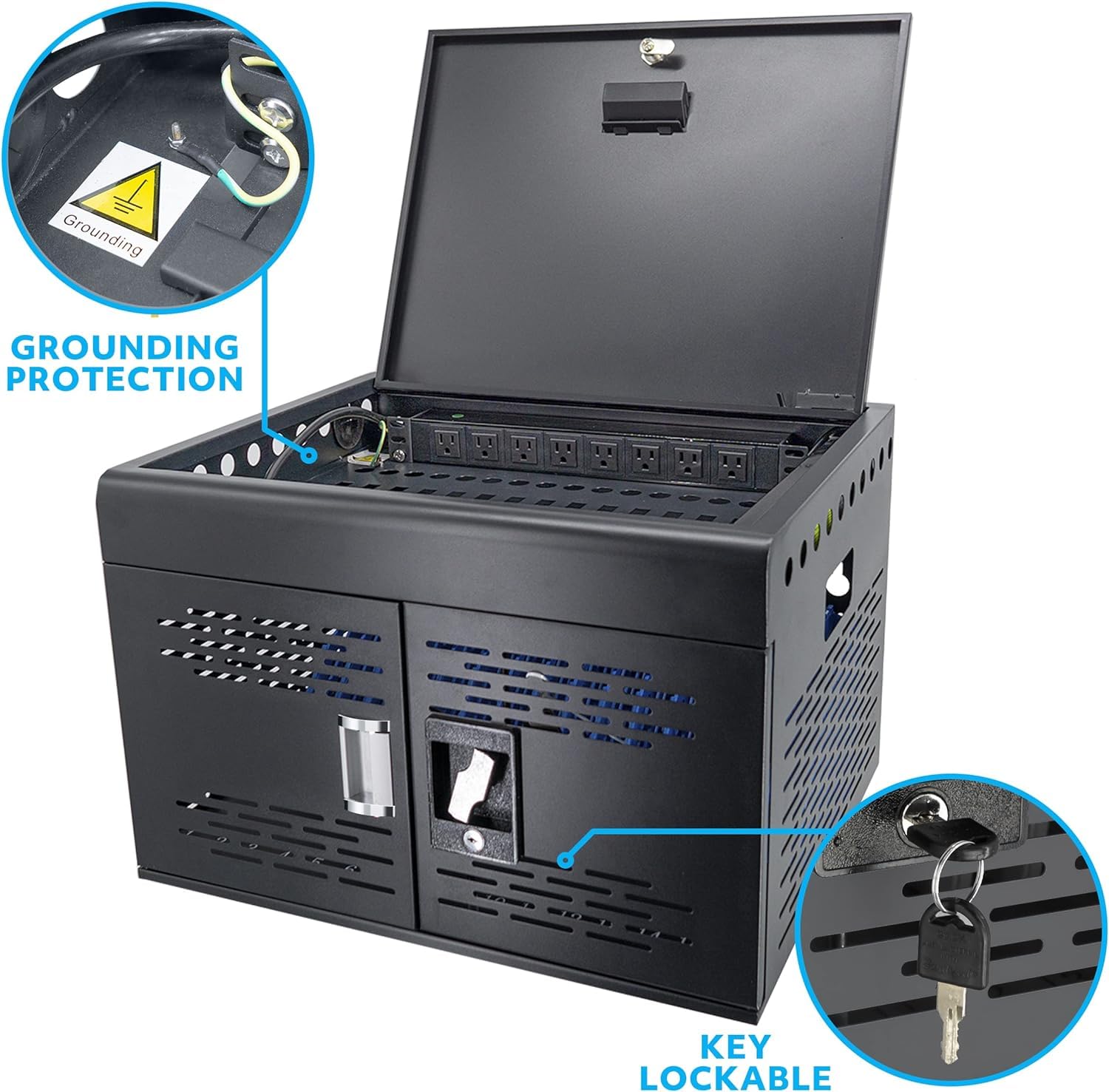 16-Port Locking Charging Cabinet for Laptops & Tablets - Secure Storage with Cable Management, Charger Organization & Ground Protection - Ideal for Classroom, Library, Office & School Tech Stations