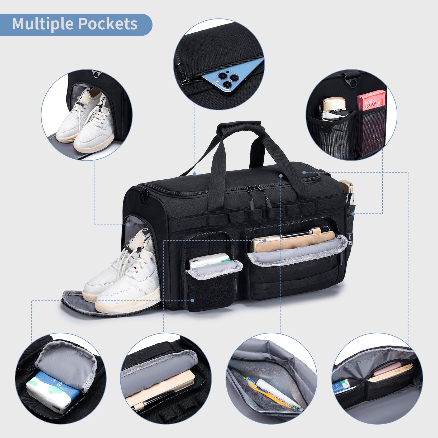 **Men's Tactical Duffle Bag - 3-in-1 Gym, Sports & Travel Backpack with Shoe Compartment & Wet Pocket - Military Style Weekender Overnight Bag (Black) - Perfect for Workouts, Travel & Outdoor Adventures**