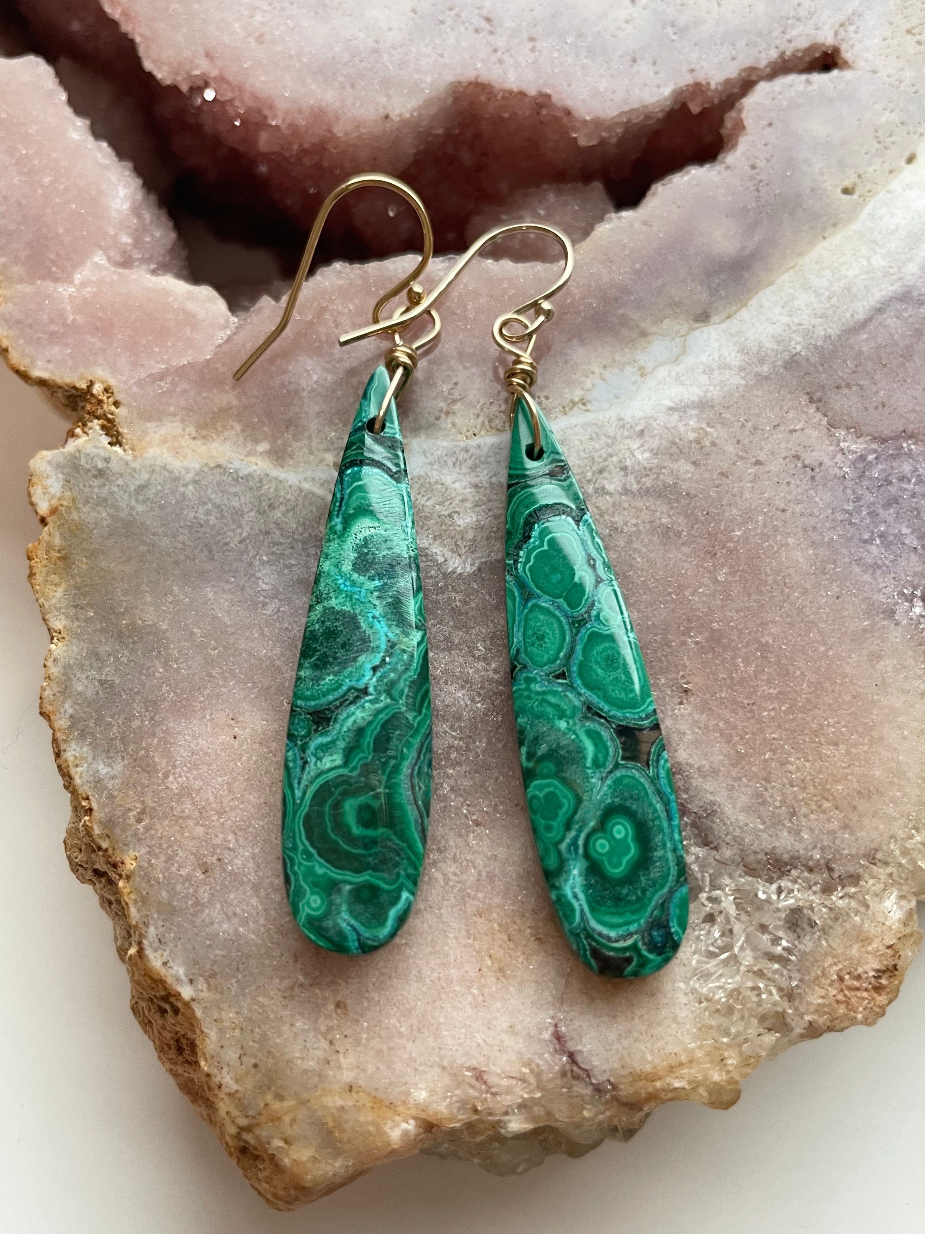 14kt Gold Filled Malachite Crystal Dangle Earrings for Women - Elegant Green Gemstone Jewelry for Parties, Weddings & Special Occasions