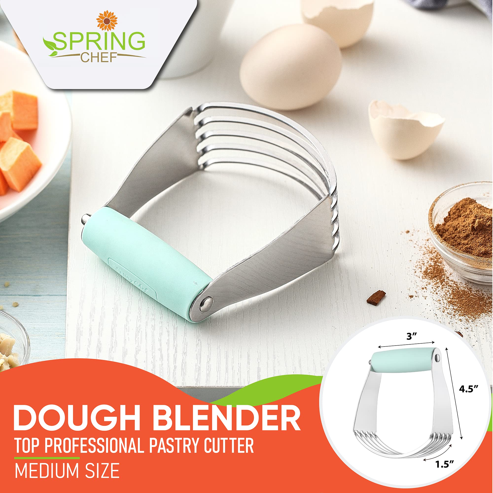 Spring Chef Professional Dough Blender - Heavy Duty Stainless Steel Pastry Cutter for Baking, Medium Size Mint Green - Perfect for Pies, Cookies & Pastry Dough Preparation