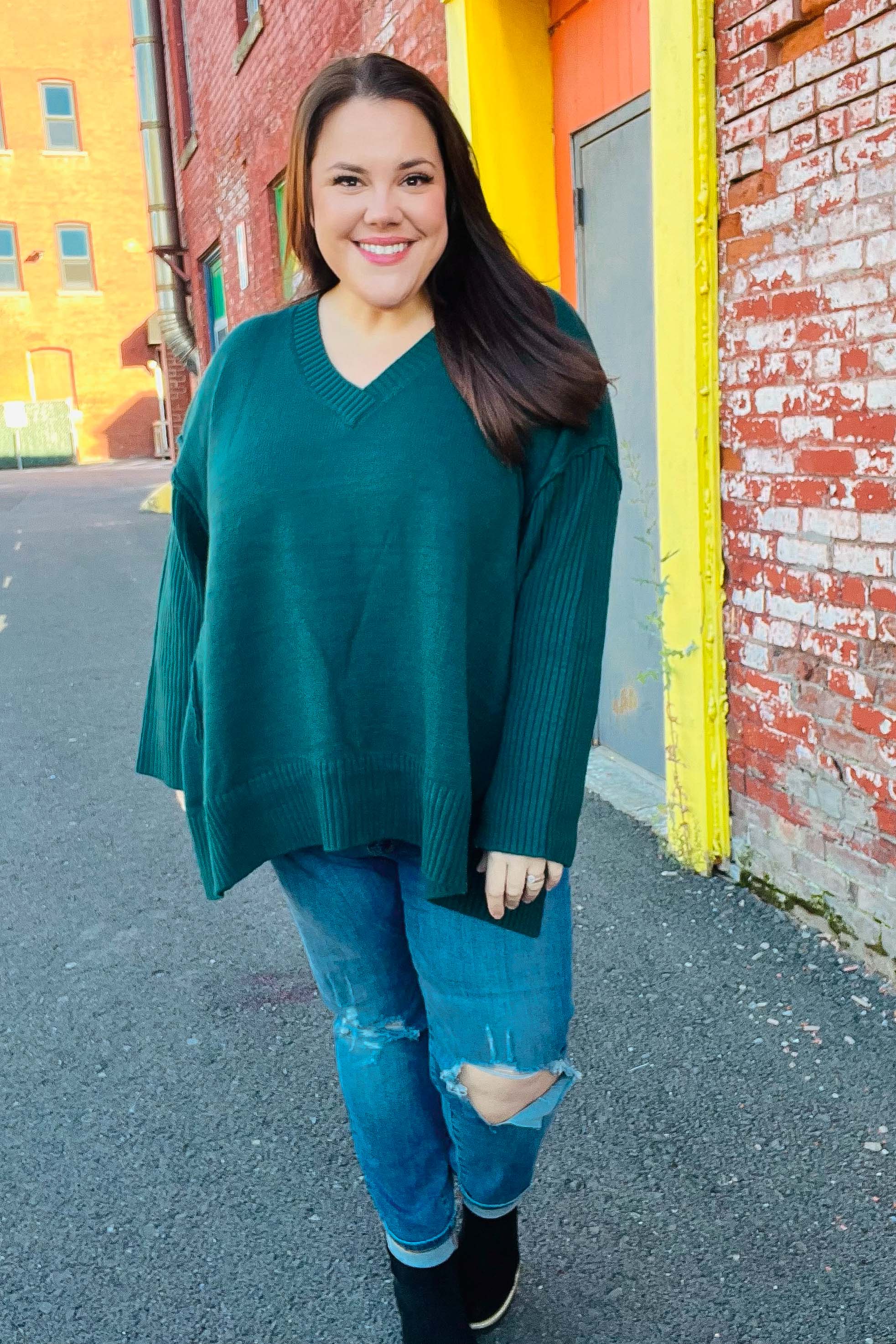 Stylish Hunter Green Oversized V-Neck Rib Knit Sweater for Women - Cozy Fall & Winter Layering Essential