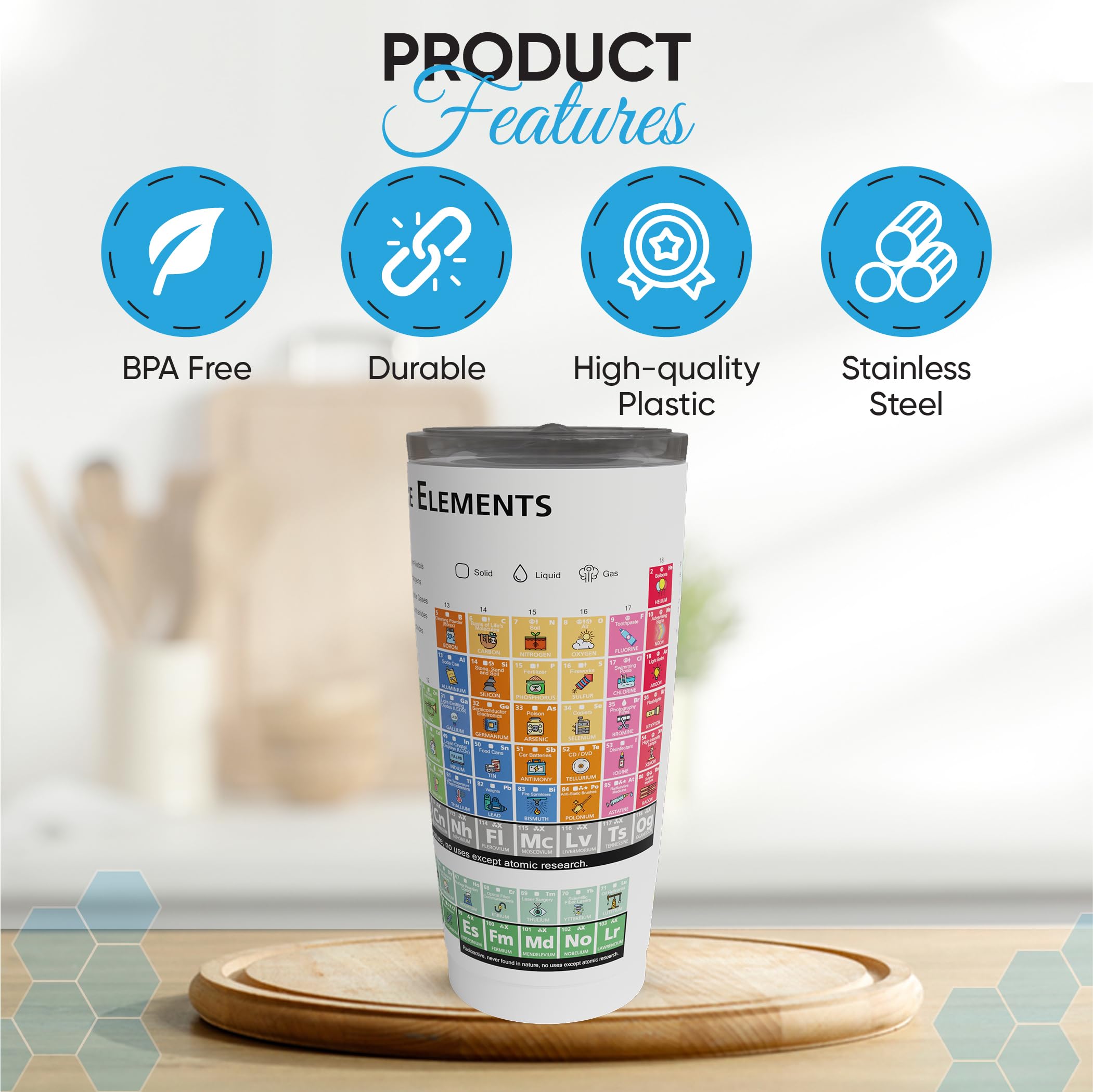 Zastic! 20oz Stainless Steel Vacuum Insulated Periodic Table Tumbler - Science & Chemistry Travel Mug for Hot & Cold Drinks - Perfect Gift for Students, Teachers & Chemists - Ideal for School, Lab & Outdoor Adventures