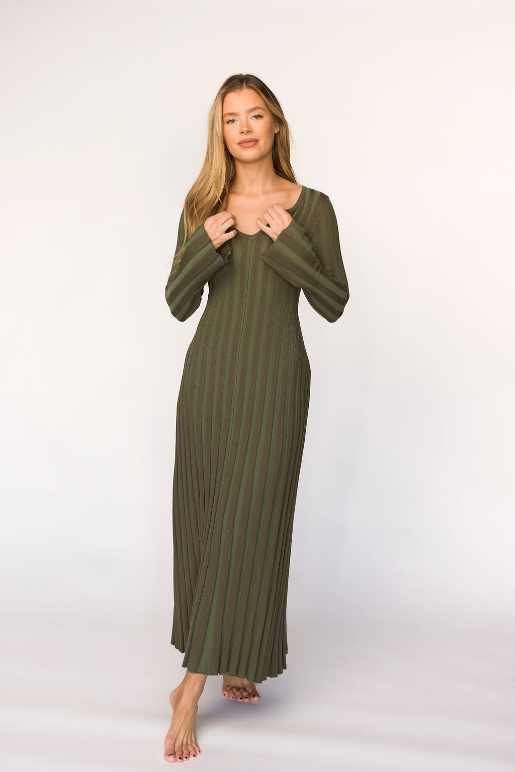 Hadley Long Sleeve V Neck Knit Maxi Dress in Olive - Bump Friendly Maternity Dress for Pregnancy, Nursing & Postpartum | Comfortable Stretchy Fabric for Casual Wear, Date Night & Special Occasions