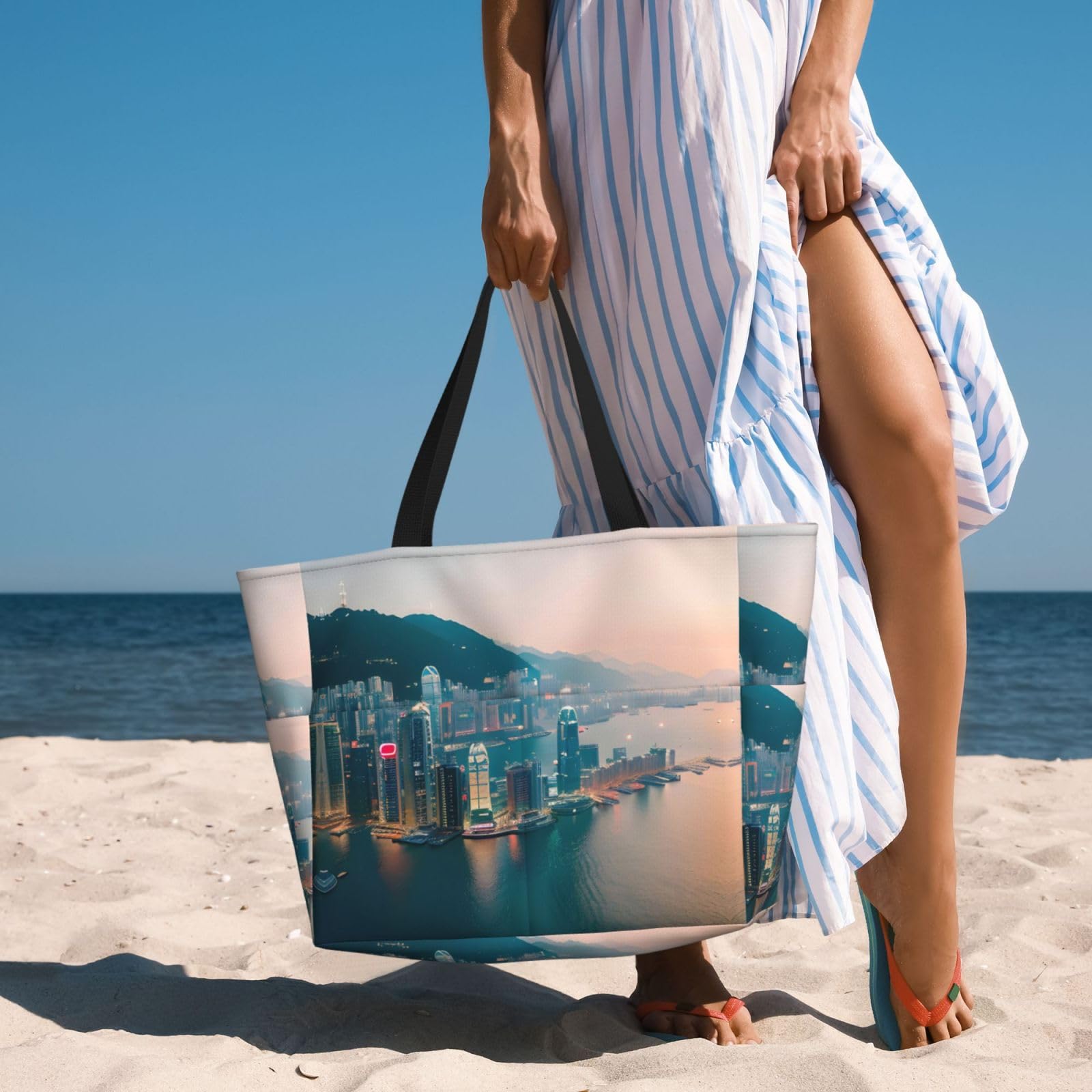 NOUZU Hong Kong Print Beach Tote - Large Fashion Bag for Women | Travel & Beach Essentials