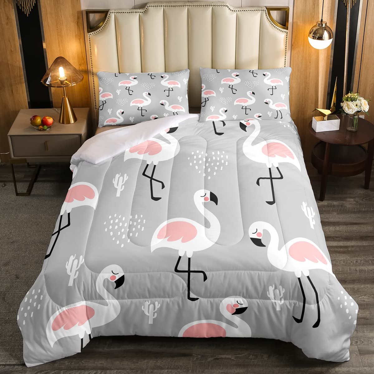 Erosebridal Flamingo Comforter Set Queen Size - Tropical Botanical Cactus Duvet Cover with 3 Pieces, Kawaii Animal Print Bedding for Girls' Bedroom, Soft Down Alternative Comforter - Perfect for Kids Room Decor, Teen Bedroom & Boho Chic Home Styling
