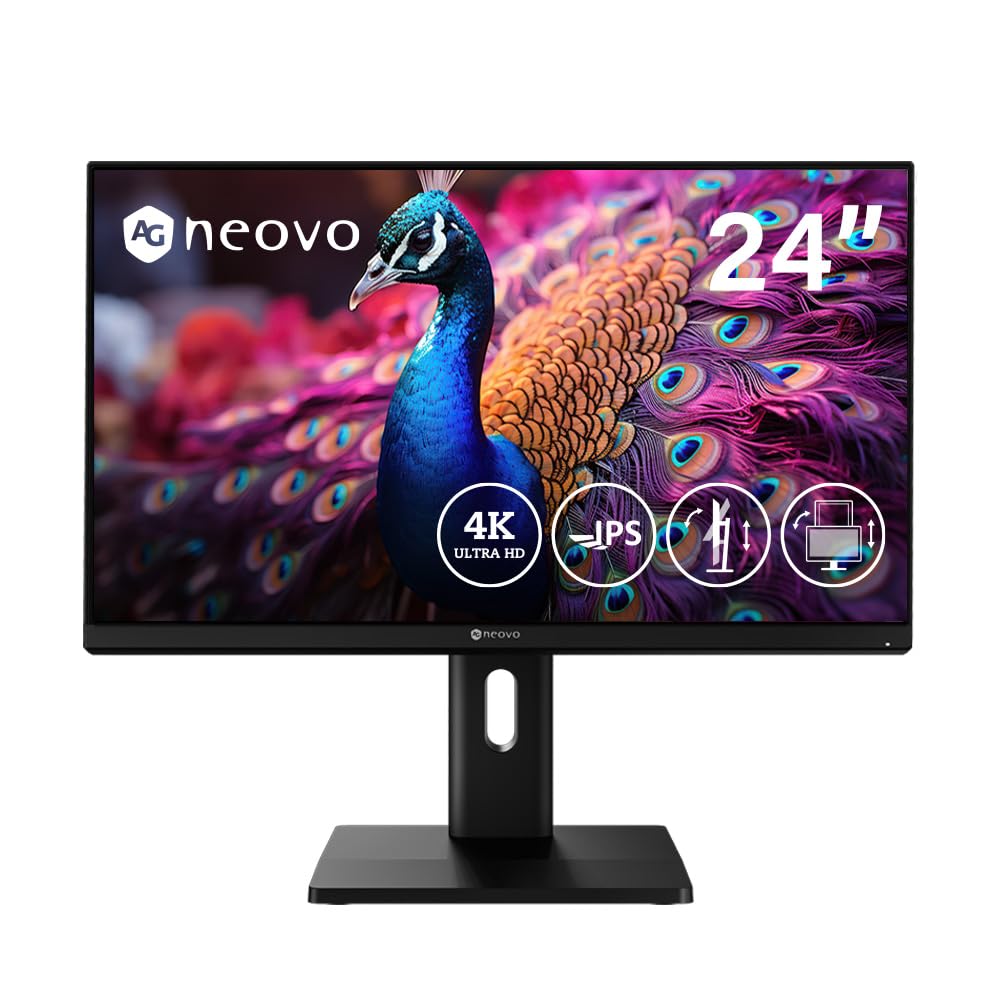 AG Neovo EM2451 24 Inch 4K UHD IPS Monitor - 3840x2160 Resolution, 100% sRGB, 93% DCI-P3, Height Adjustable Stand, USB-C 65W PD, HDMI 2.1 & DisplayPort 1.4 - Perfect for Graphic Design, Video Editing & Home Office Workstations