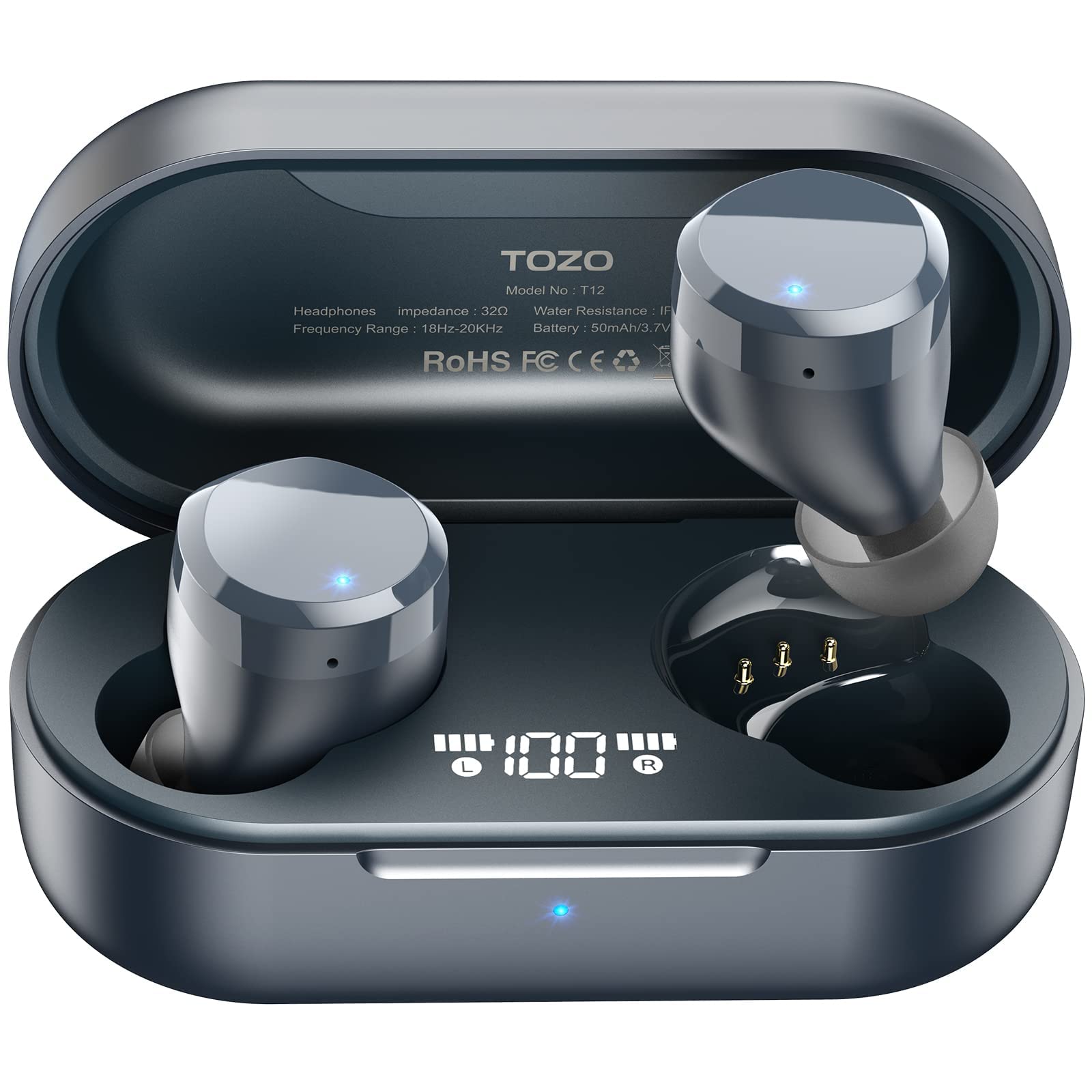TOZO T12 Wireless Earbuds Bluetooth 5.3 Headphones with Premium Sound, Touch Control & LED Display - Wireless Charging Case, IPX8 Waterproof - Perfect for Gym, Running, Travel & Work (Blue)