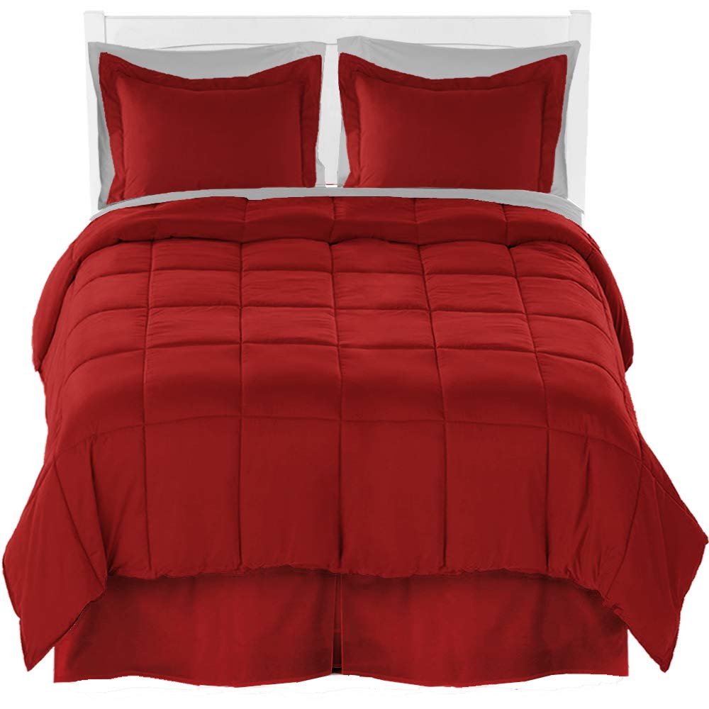Bare Home Queen Comforter Set with Sheet Set & Bed Skirt - Ultra Soft Brushed Microfiber Bedding Collection (Red Comforter, Light Grey Sheets, Red Bed Skirt) for Cozy Bedroom Decor & Guest Room Setup