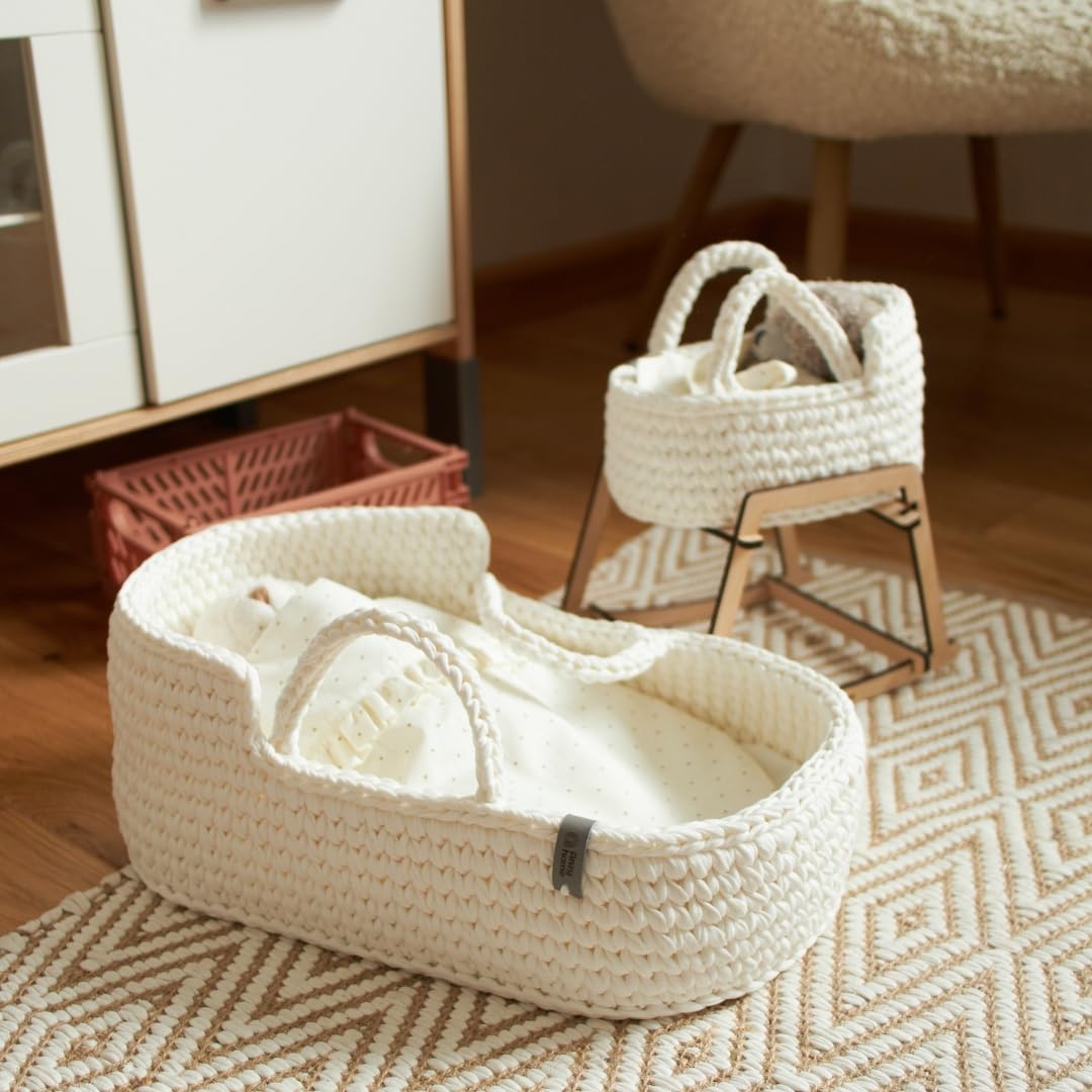 Boho Doll Crib with Rocking Stand - White Doll Bassinet with Bedding Set | Baby Doll Cradle for Pretend Play | Perfect Birthday Gift for Girls | Nursery Decor & Imaginative Play Scenes