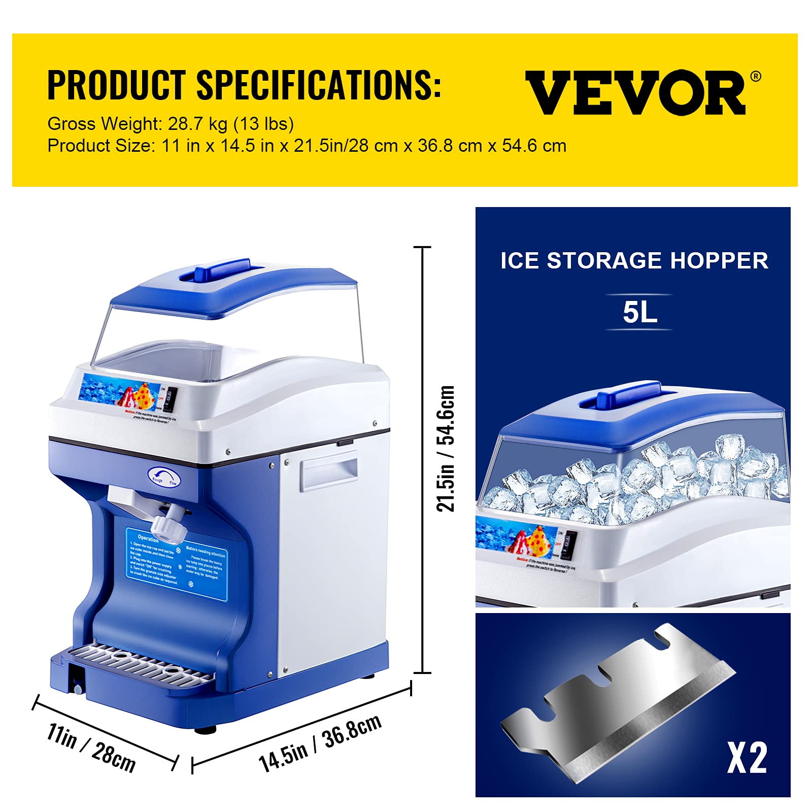 VEVOR 110V Commercial Ice Shaver Crusher 441LBS/H with 11LBS Hopper, 300W Electric Snow Cone Maker Machine - 320 RPM Tabletop Ice Shaving for Parties, Events, Snack Bars & Home Use - Perfect for Margaritas, Slushies, and Frozen Drinks