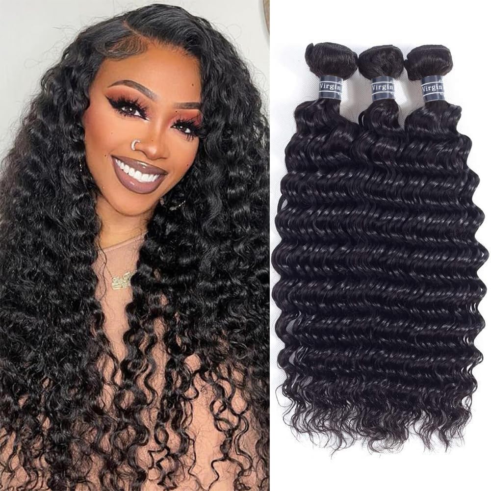 Amella Hair 8A Grade Brazilian Deep Wave Virgin Hair 3 Bundles - 100% Unprocessed Remy Human Hair in Natural Black (18, 20, 22 Inches) for Weaving, Extensions & Styling - Perfect for Daily Wear, Parties & Special Occasions