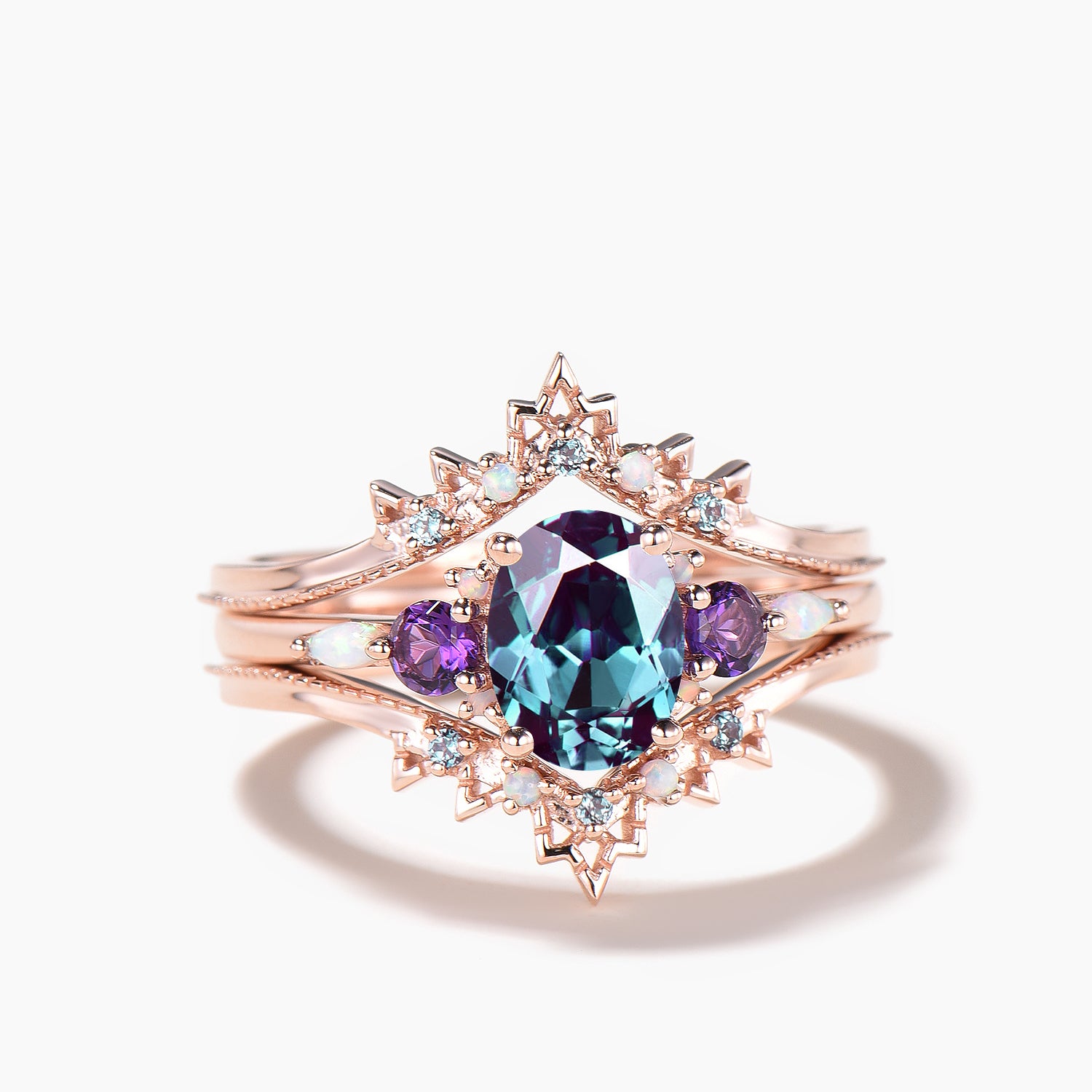 Oval Cut Color Changing Alexandrite Amethyst Ring with Opal Crown Enhancer - Bridal Wedding Set for Engagement, Anniversary & Special Occasions