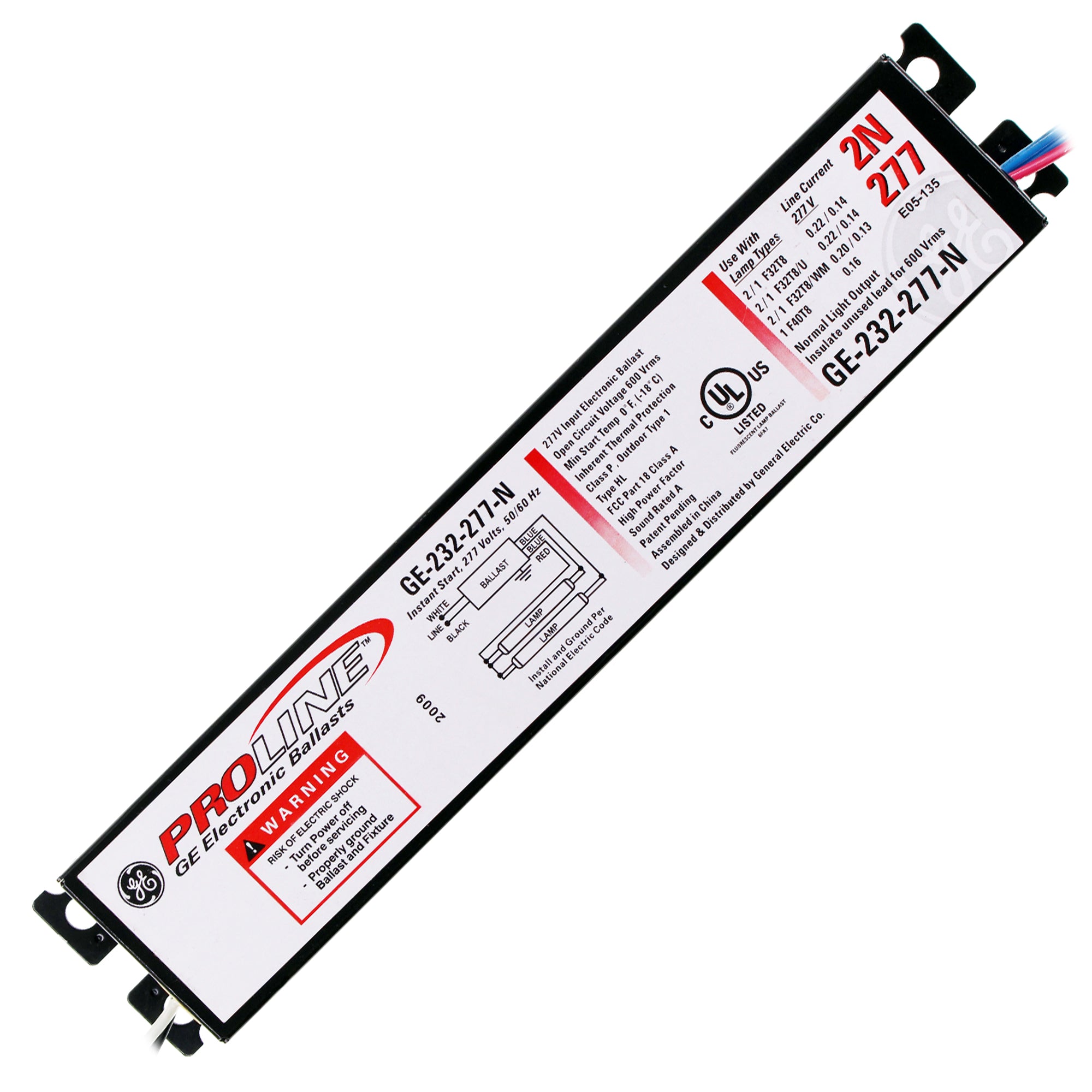 GE 232 277N Instant Start Fluorescent Ballast - 2 Lamp, F32T8, 32W T8, 277V - Perfect for Commercial Lighting & Warehouse Fixtures