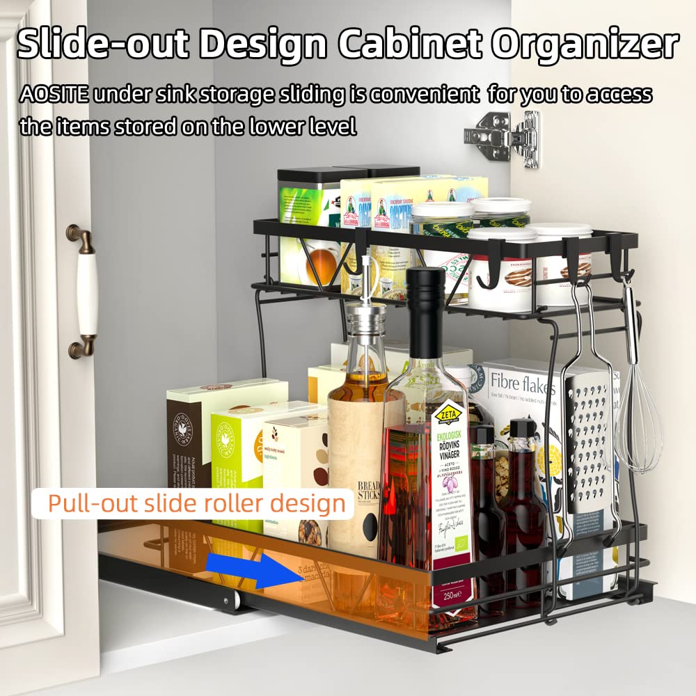 AOSITE 2-Tier Pull Out Cabinet Organizer - Under Sink Storage for Kitchen & Bathroom with Sliding Drawers - Space Saving Solution for Small Spaces, Perfect for Organizing Cleaning Supplies, Cosmetics, and Kitchen Utensils